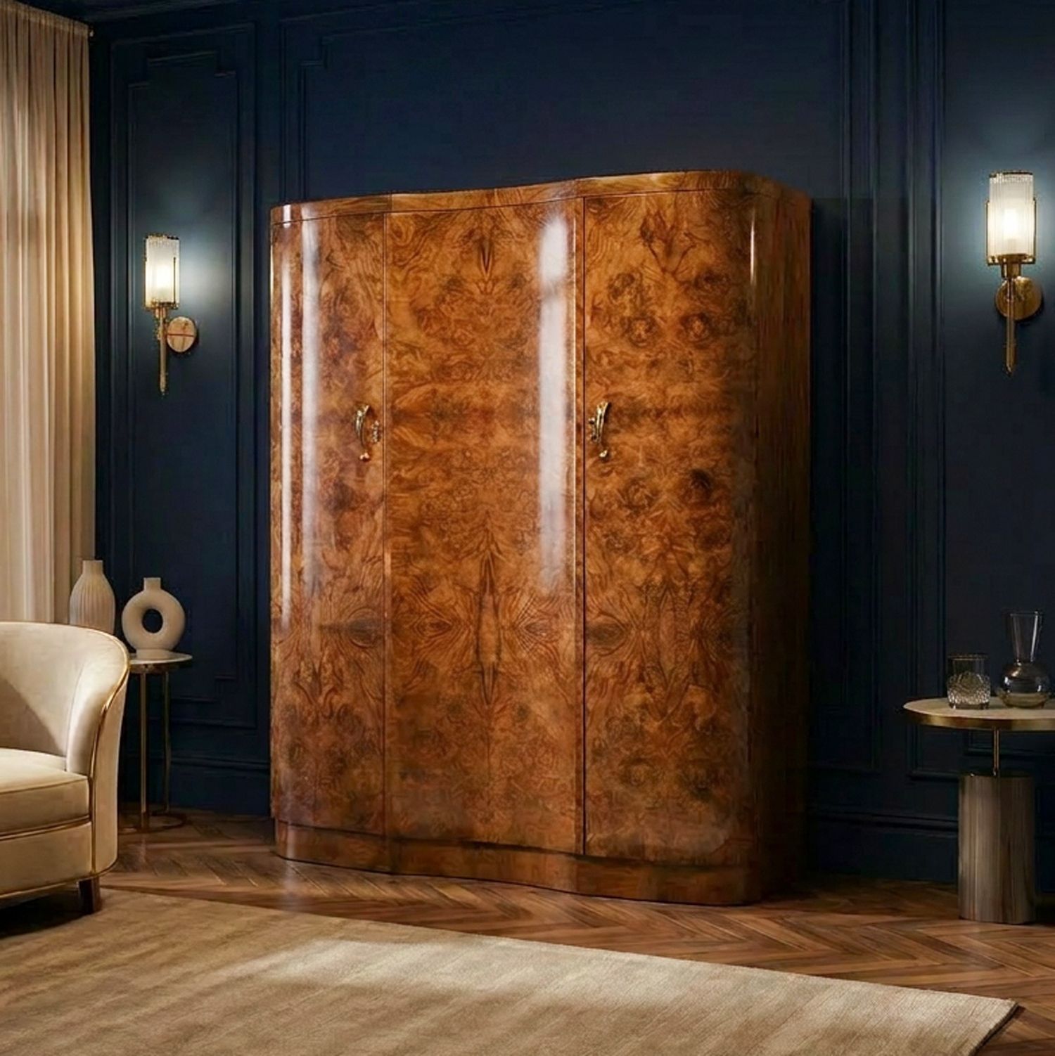 Large English Art Deco Burr Walnut Fitted Serpentine Armoire Wardrobe Closet (Circa 1930)
