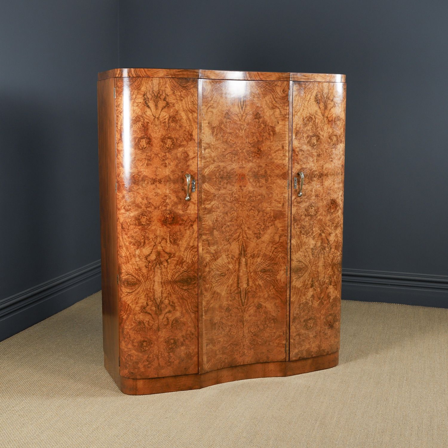Large English Art Deco Burr Walnut Fitted Serpentine Armoire Wardrobe Closet (Circa 1930) photo furniture