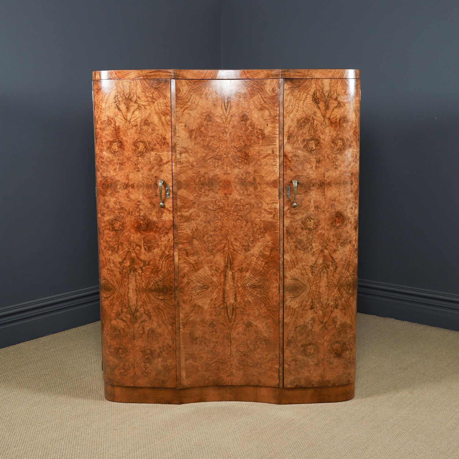 Large English Art Deco Burr Walnut Fitted Serpentine Armoire Wardrobe Closet (Circa 1930) photo for sale