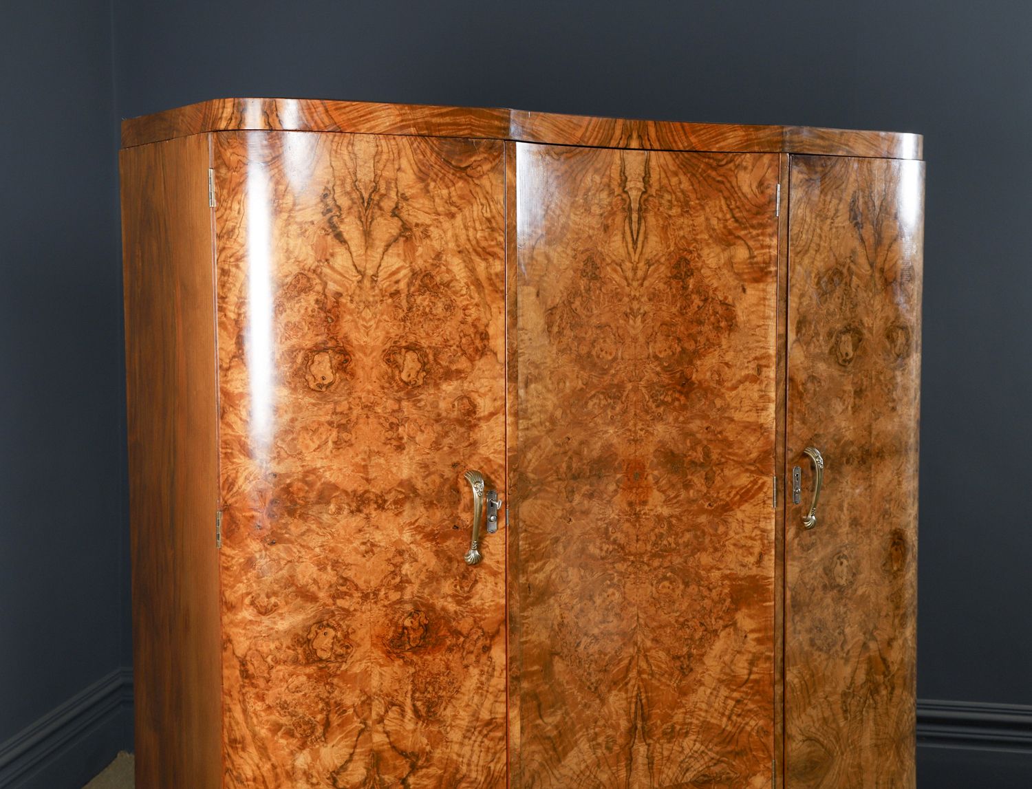 Large English Art Deco Burr Walnut Fitted Serpentine Armoire Wardrobe Closet (Circa 1930) photo Furniture