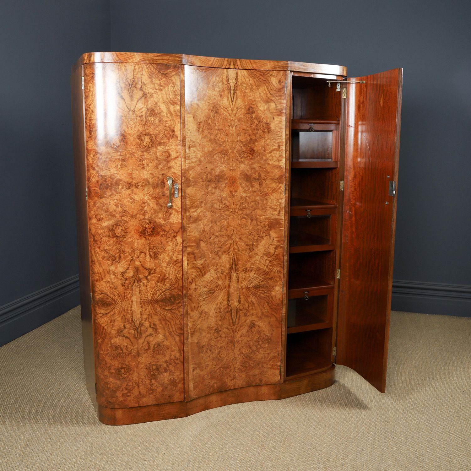 photo vinterior Large English Art Deco Burr Walnut Fitted Serpentine Armoire Wardrobe Closet (Circa 1930)