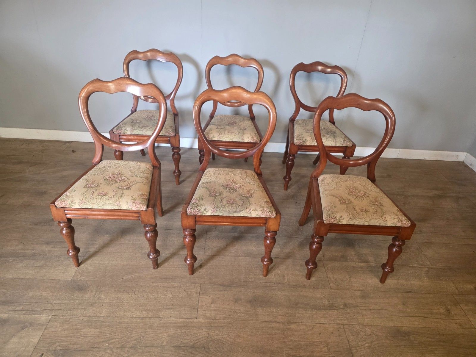 Antique Set Of 6 Victorian Mahogany Bloom Back Chairs 1880s photo for sale