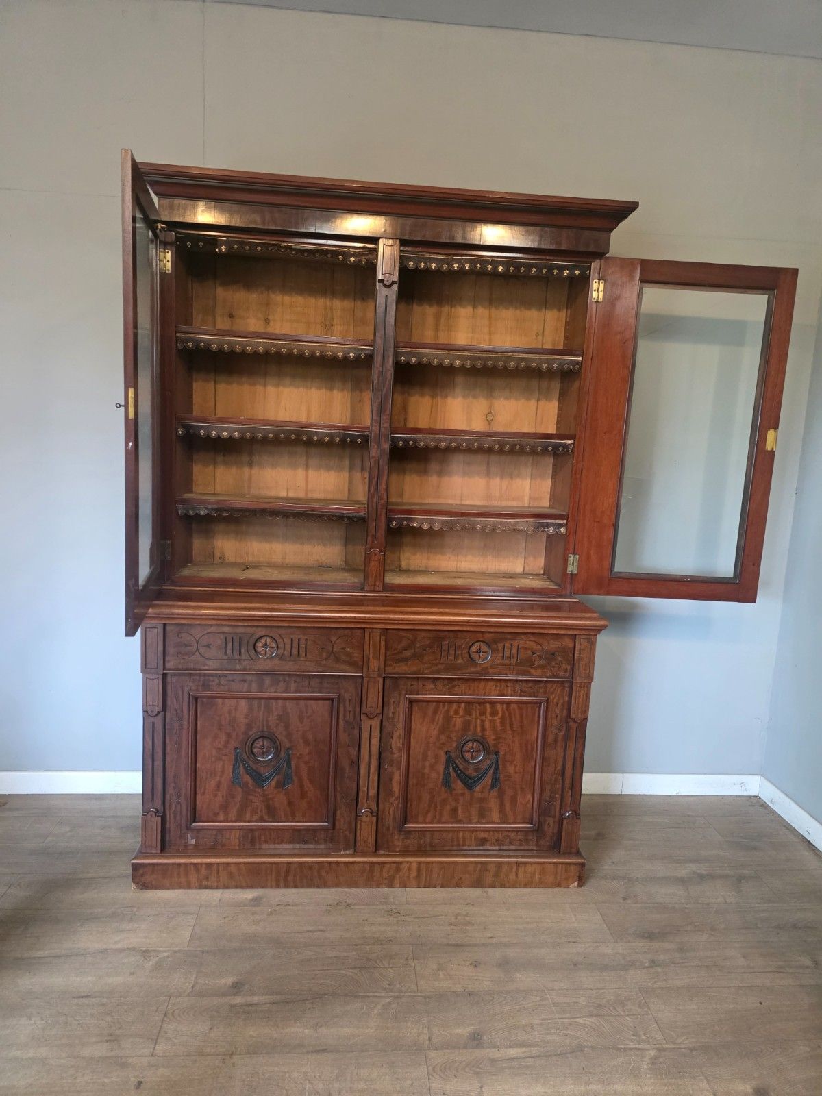 Antique Victorian Mahogany Bookcase On Cupboard 1880s photo for sale