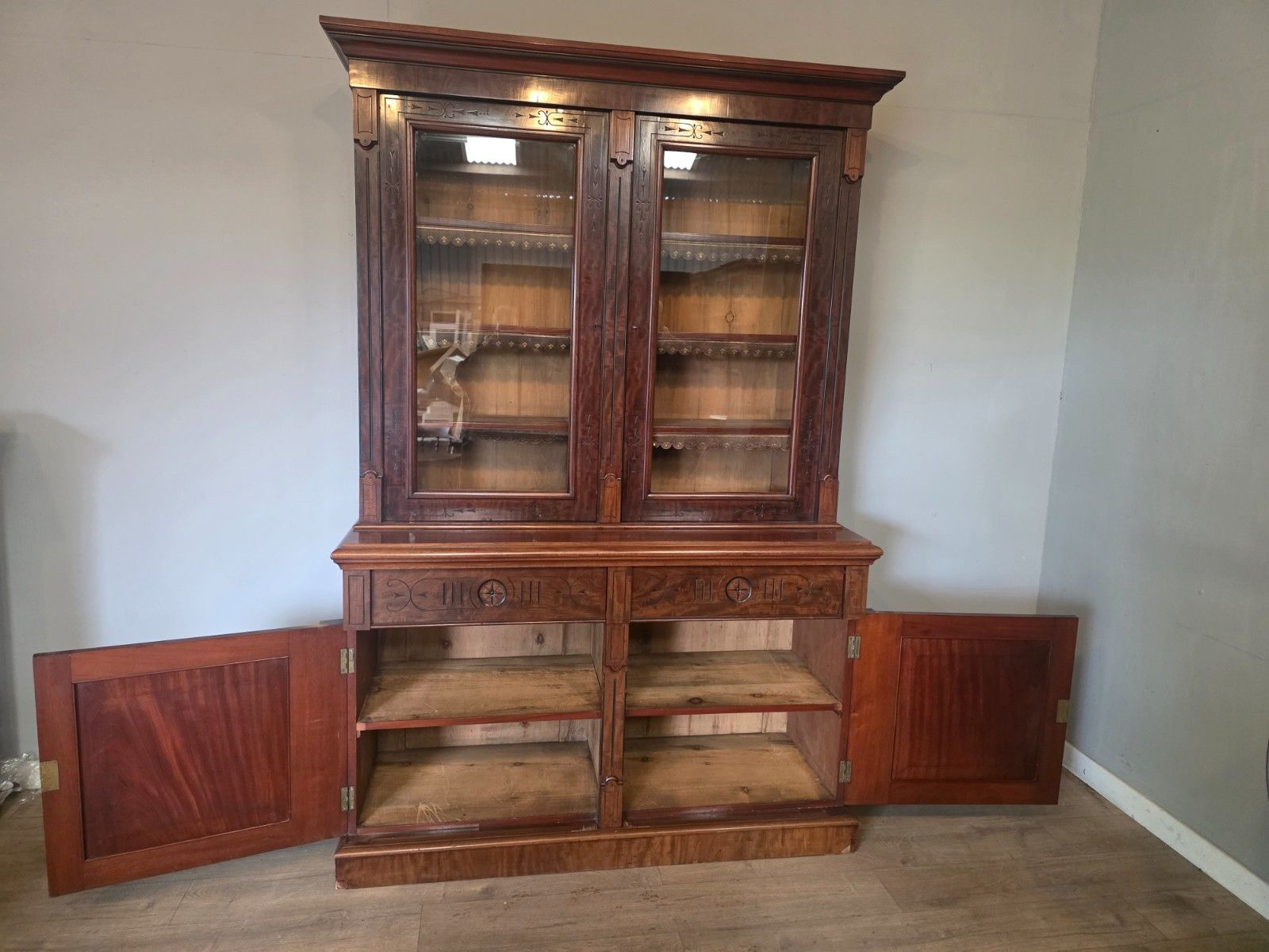 Antique Victorian Mahogany Bookcase On Cupboard 1880s photo Furniture
