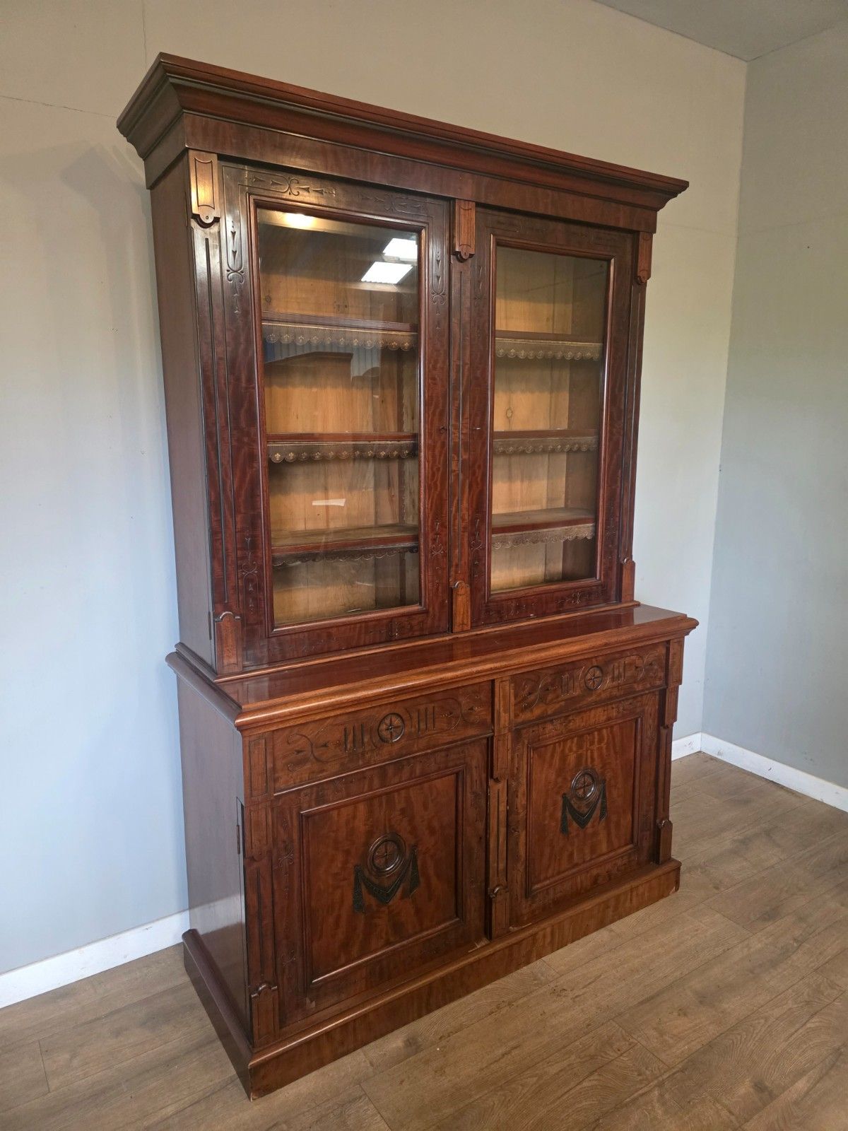 photo for sale Antique Victorian Mahogany Bookcase On Cupboard 1880s