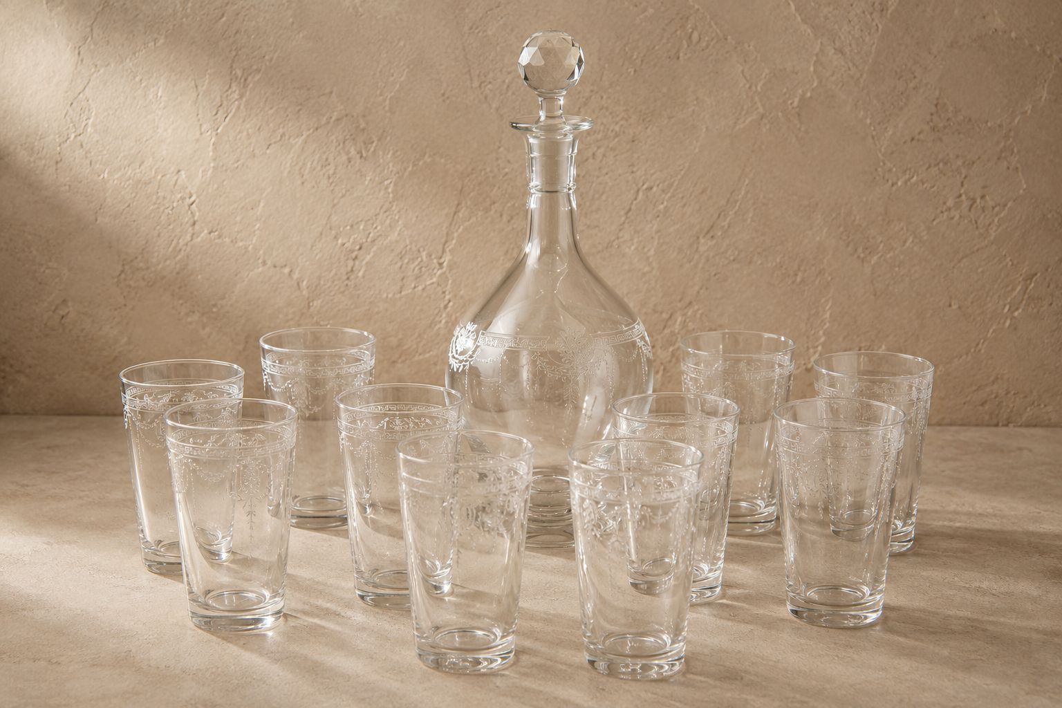 Saint Louis Style Cut Glass Decanter With Ten Matching Short Tumblers