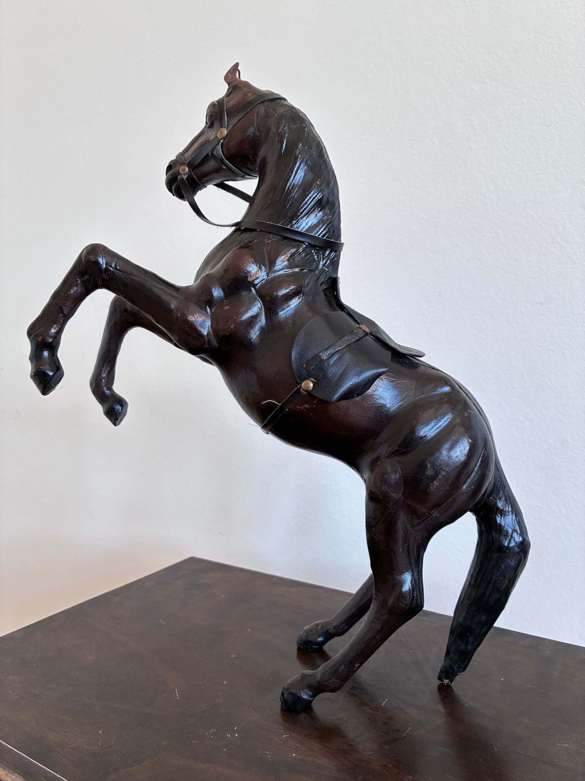 photo for sale Vintage Handcrafted Leather Horse Statue With Brass Appointments