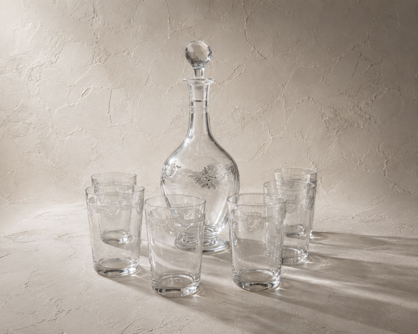 Saint Louis Style Cut Glass Decanter With 6  Matching Short Tumblers photo for sale