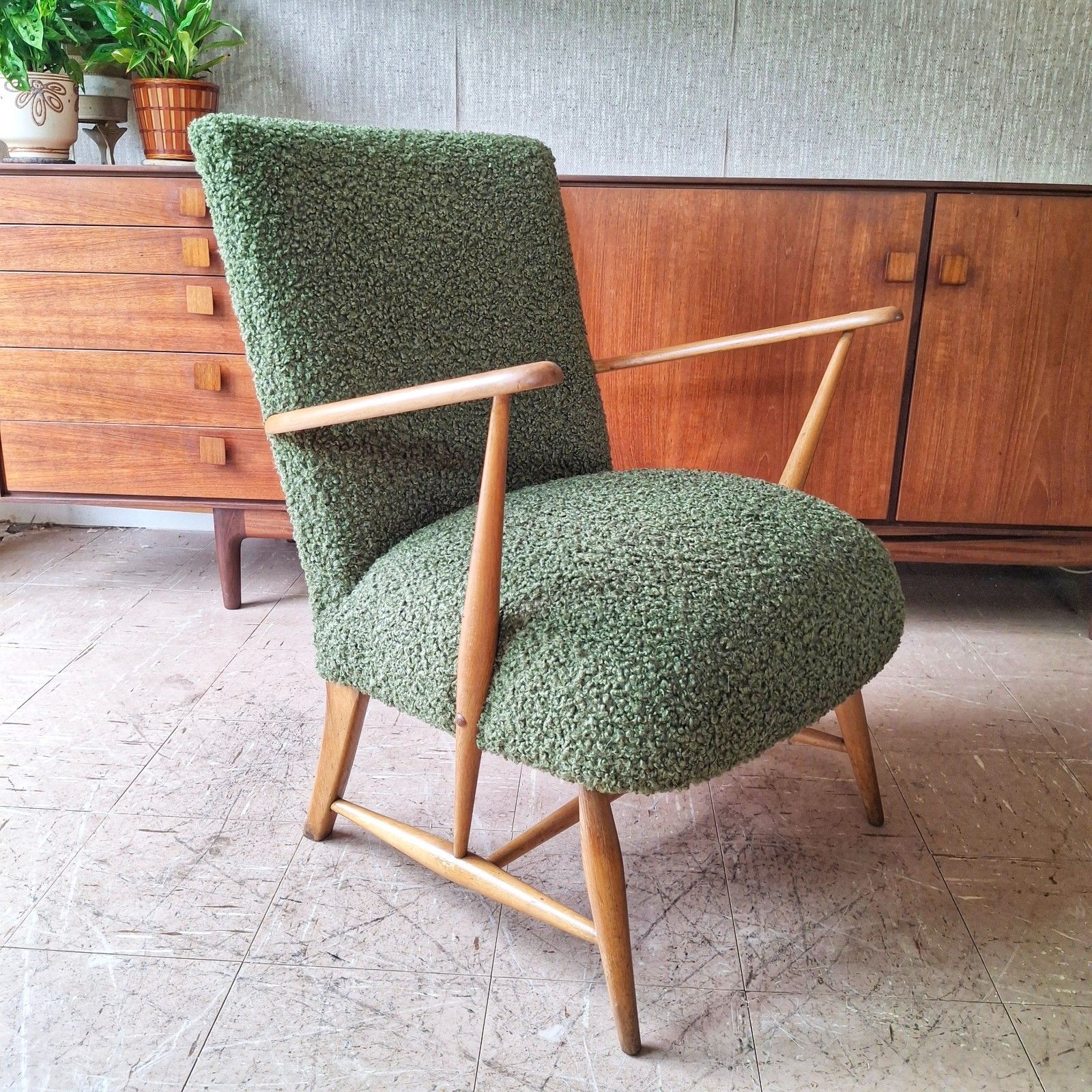 Fab Vintage 1950s Reworked Ercol 248 Chair Blue Label Forest Green Chunky Boucle