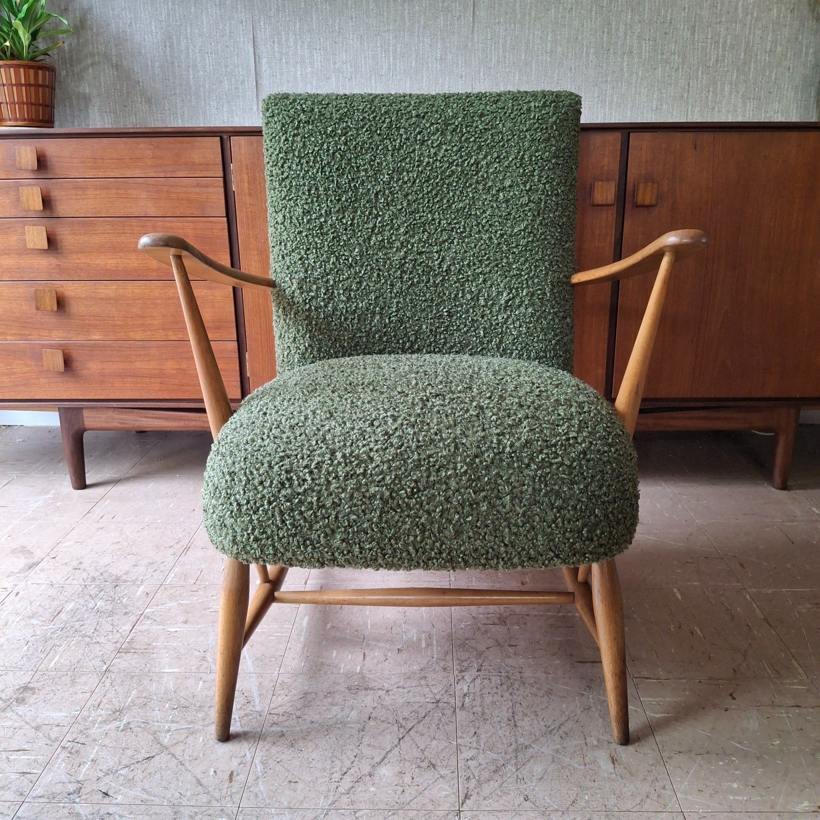 Fab Vintage 1950s Reworked Ercol 248 Chair Blue Label Forest Green Chunky Boucle photo furniture