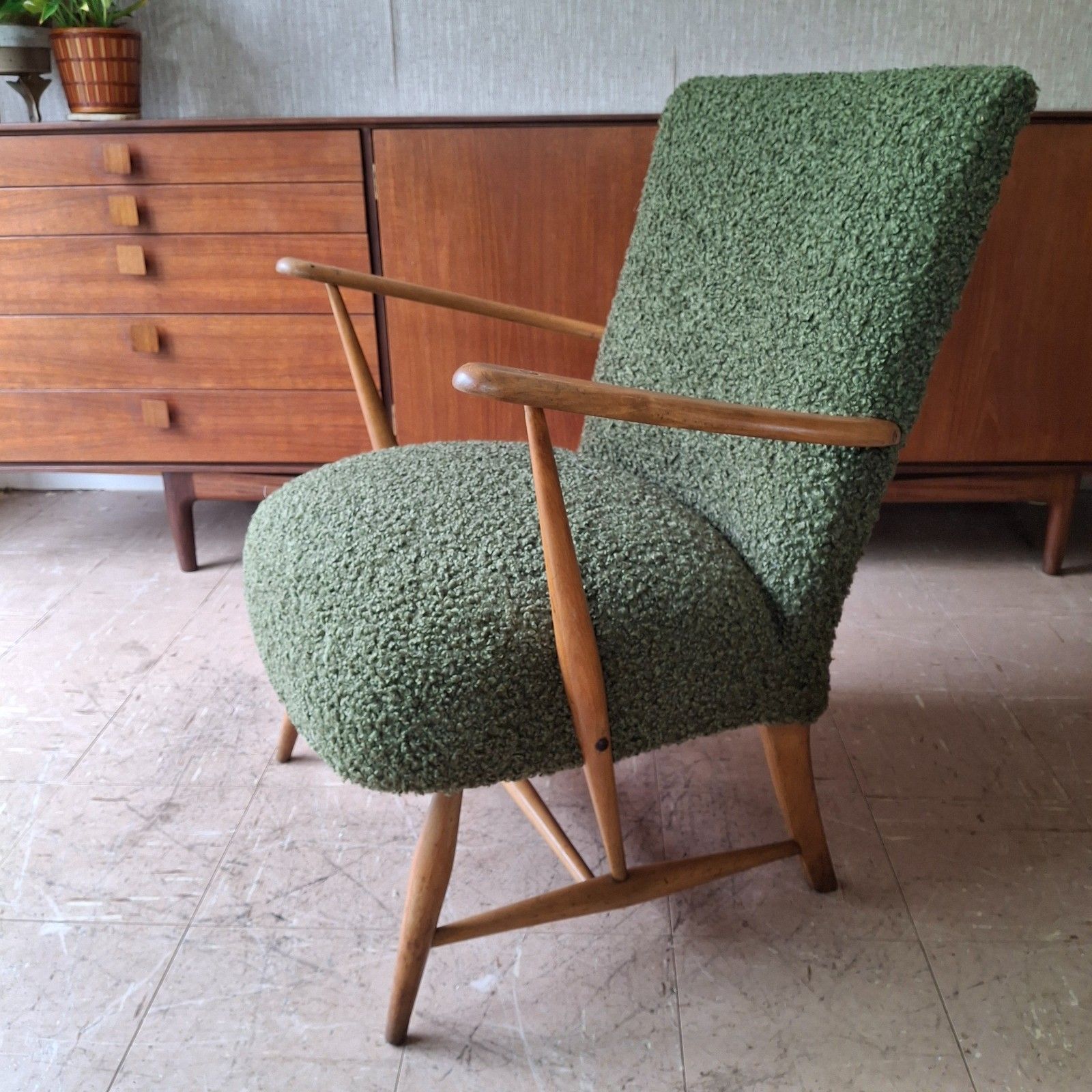 photo furniture Fab Vintage 1950s Reworked Ercol 248 Chair Blue Label Forest Green Chunky Boucle
