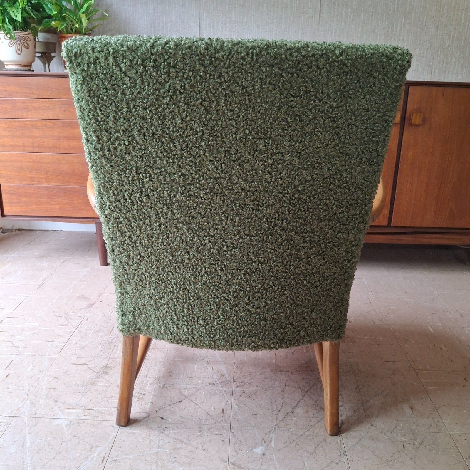 photo buy Fab Vintage 1950s Reworked Ercol 248 Chair Blue Label Forest Green Chunky Boucle