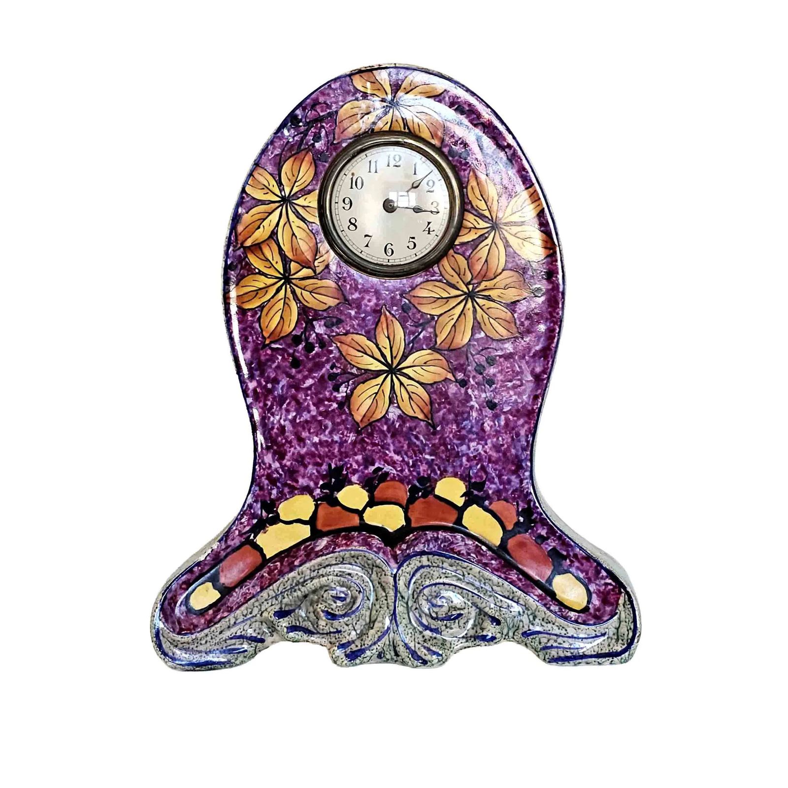 Early 20th Century Antique French Ceramic Mantle Clock Bright & Colourful Leaf Motif