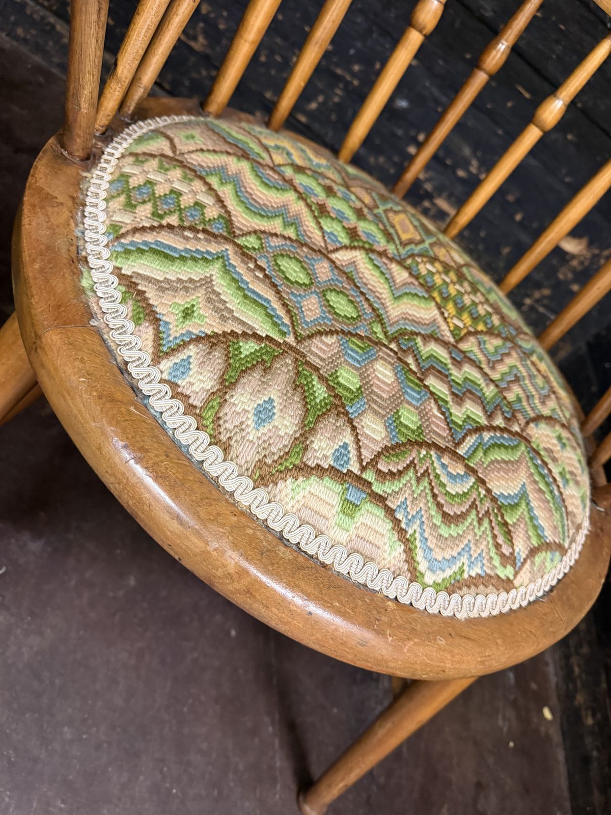 Furniture Arts & Crafts Movement Elm Windsor Comb Back Chair, Woven Tapestry Seat photo