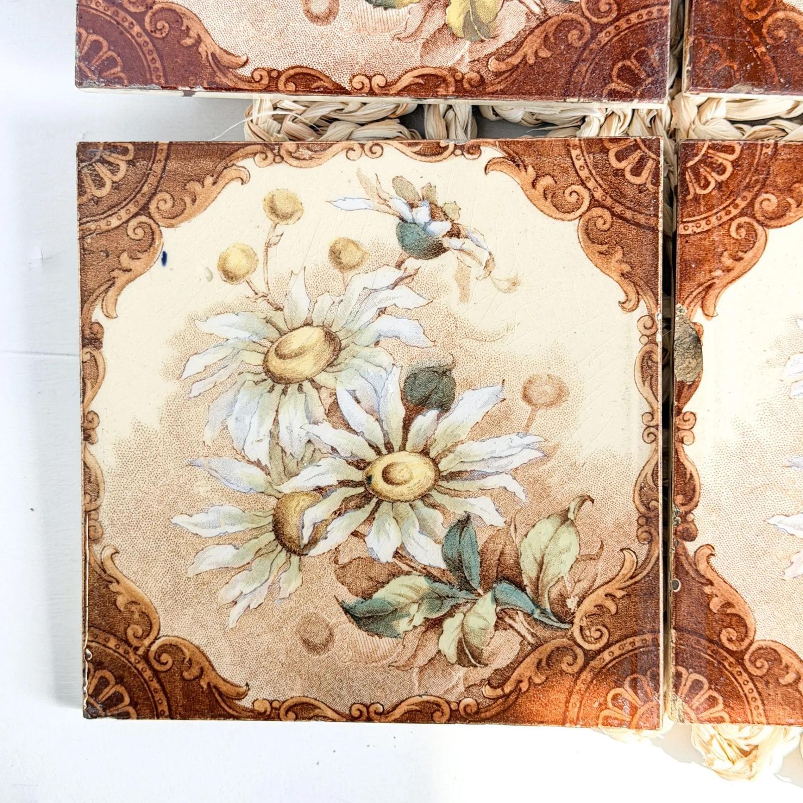 photo for sale Antique Victorian Ceramic Tiles Set Of 6 Floral Decor