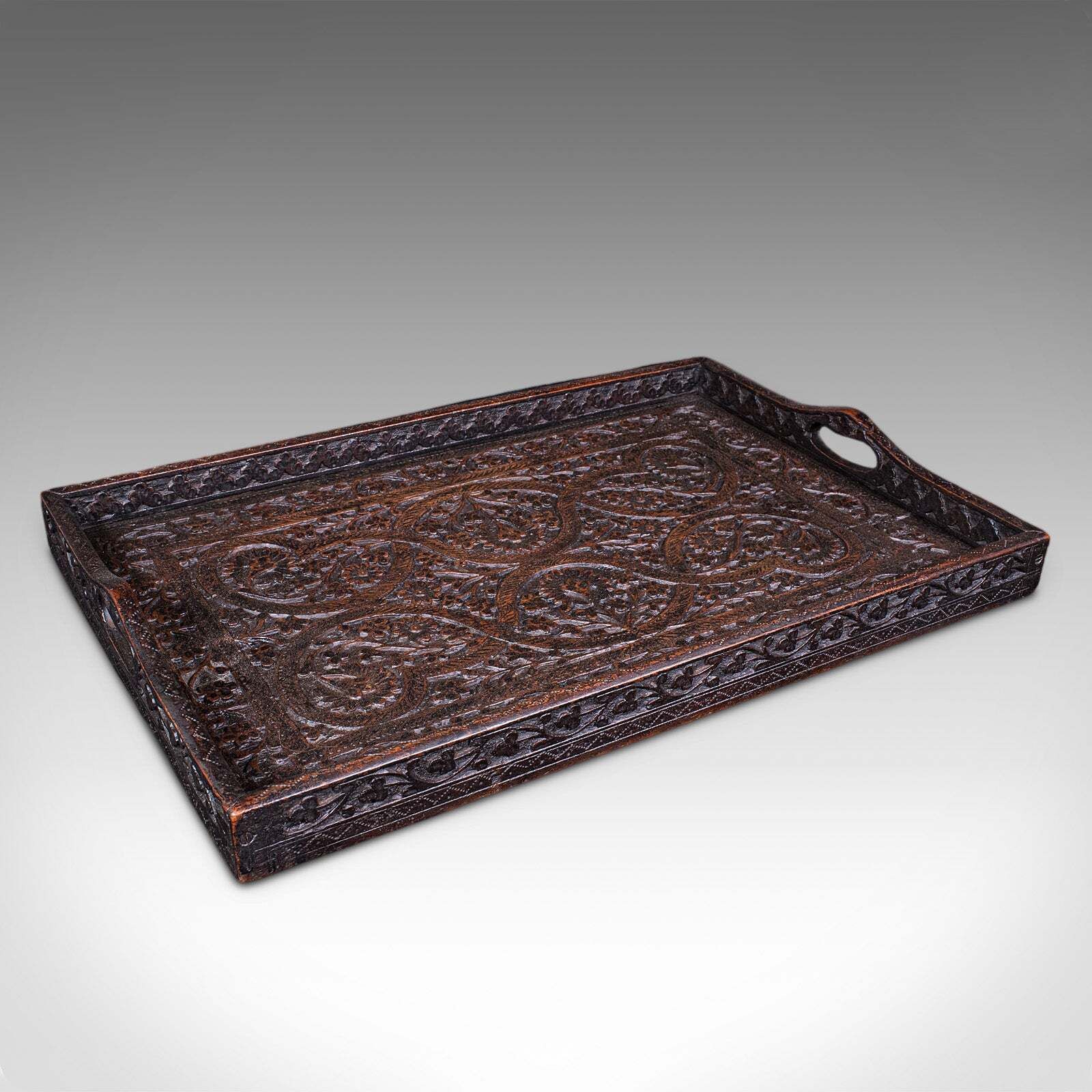Antique Carved Serving Tray, Anglo Indian, Afternoon Tea Platter, Late Victorian