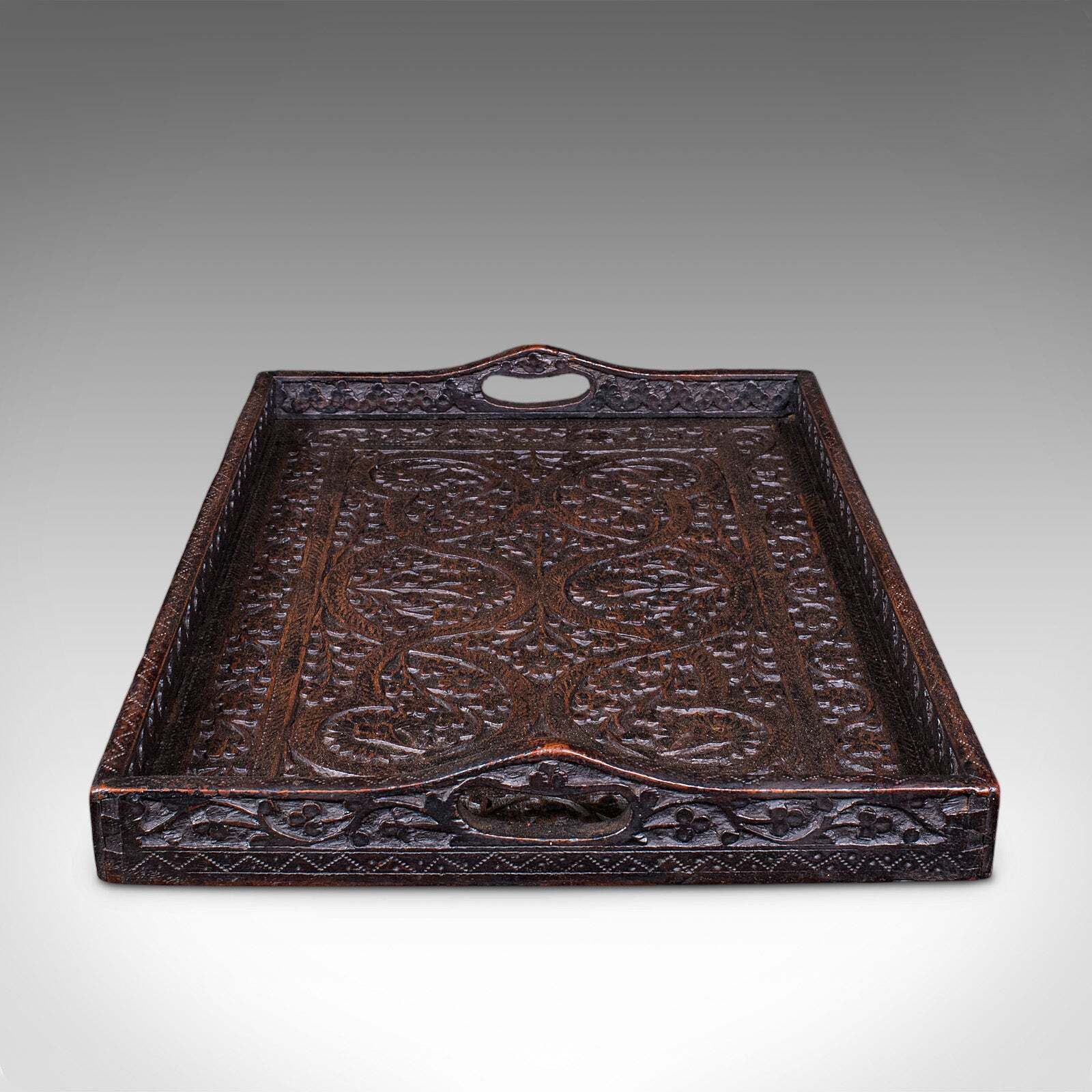 Antique Carved Serving Tray, Anglo Indian, Afternoon Tea Platter, Late Victorian photo for sale