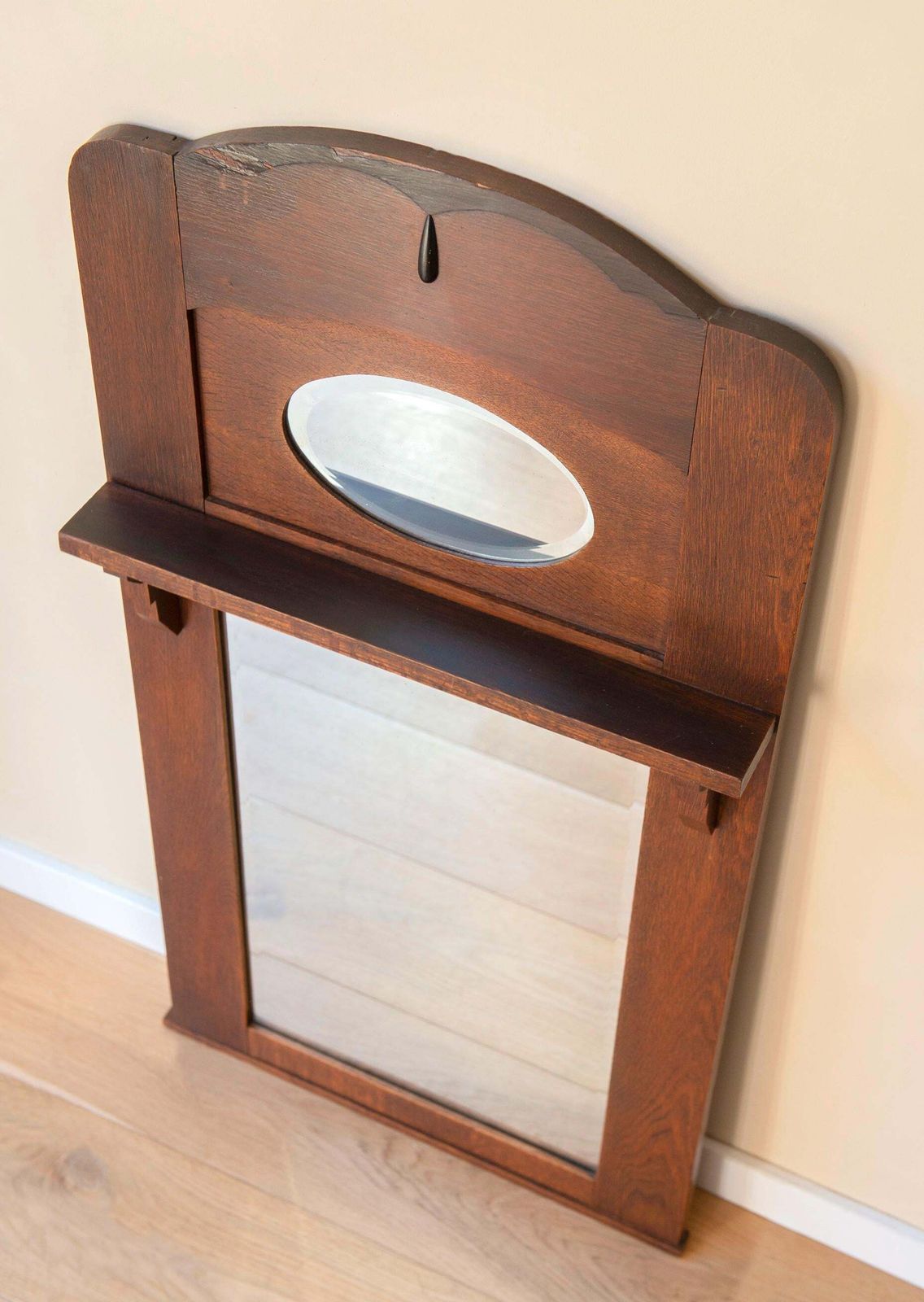 454.0 Large Dutch Art Deco Mirror – Amsterdam School Oak Wall Mirror – Antique Hallway Mirror, 1920s photo