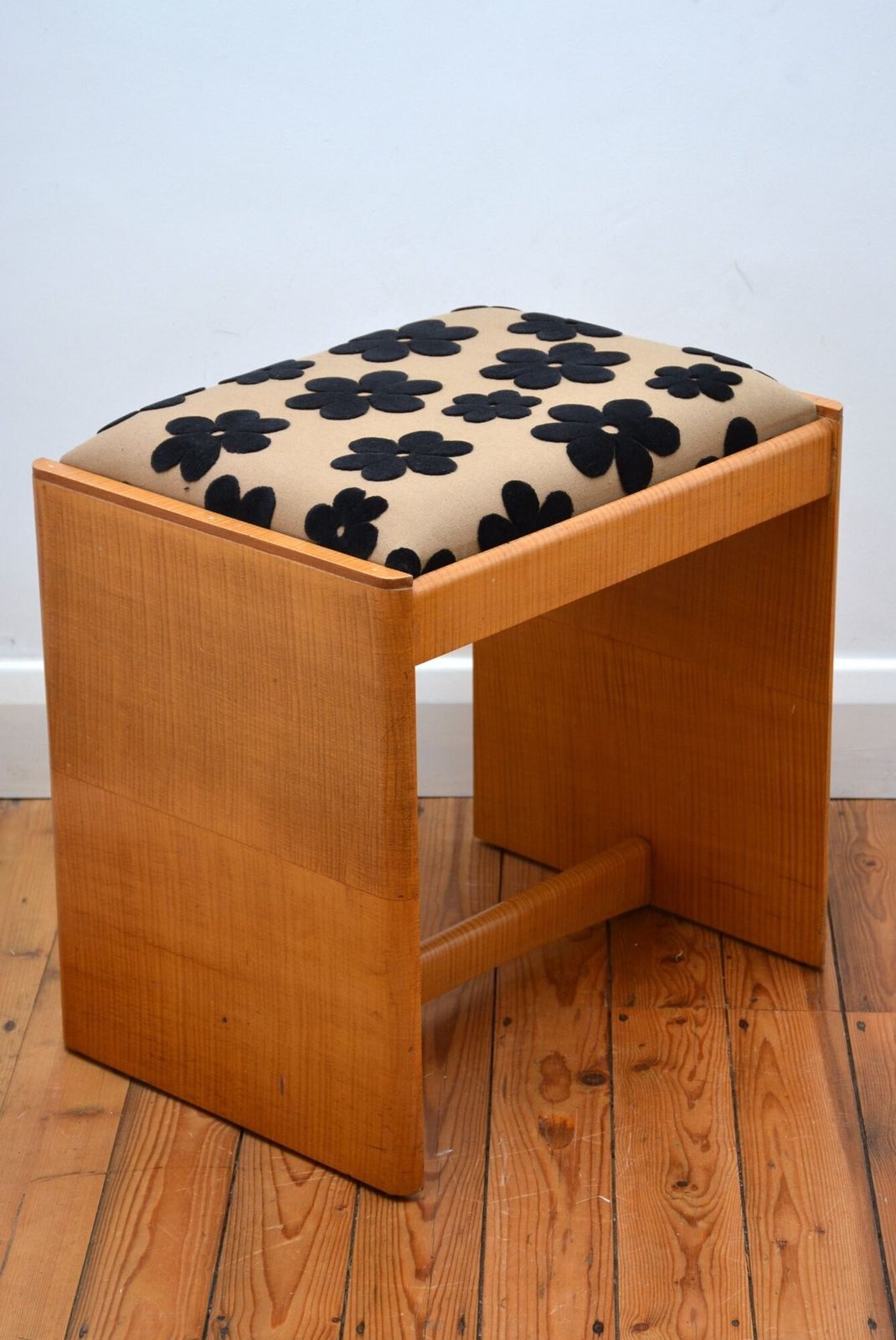 photo for sale English Art Deco Sycamore Dressing Table Stool With New Flowery Top Cover