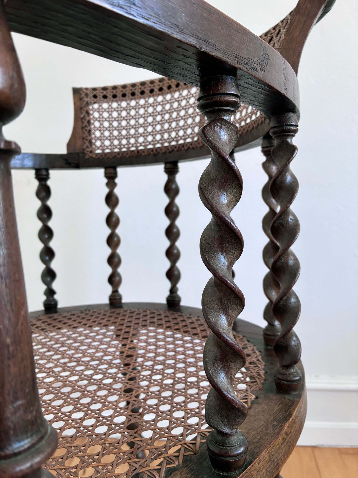 Furniture Edwardian Barley Twist Armchair With Cane, English, Early 20th Century photo