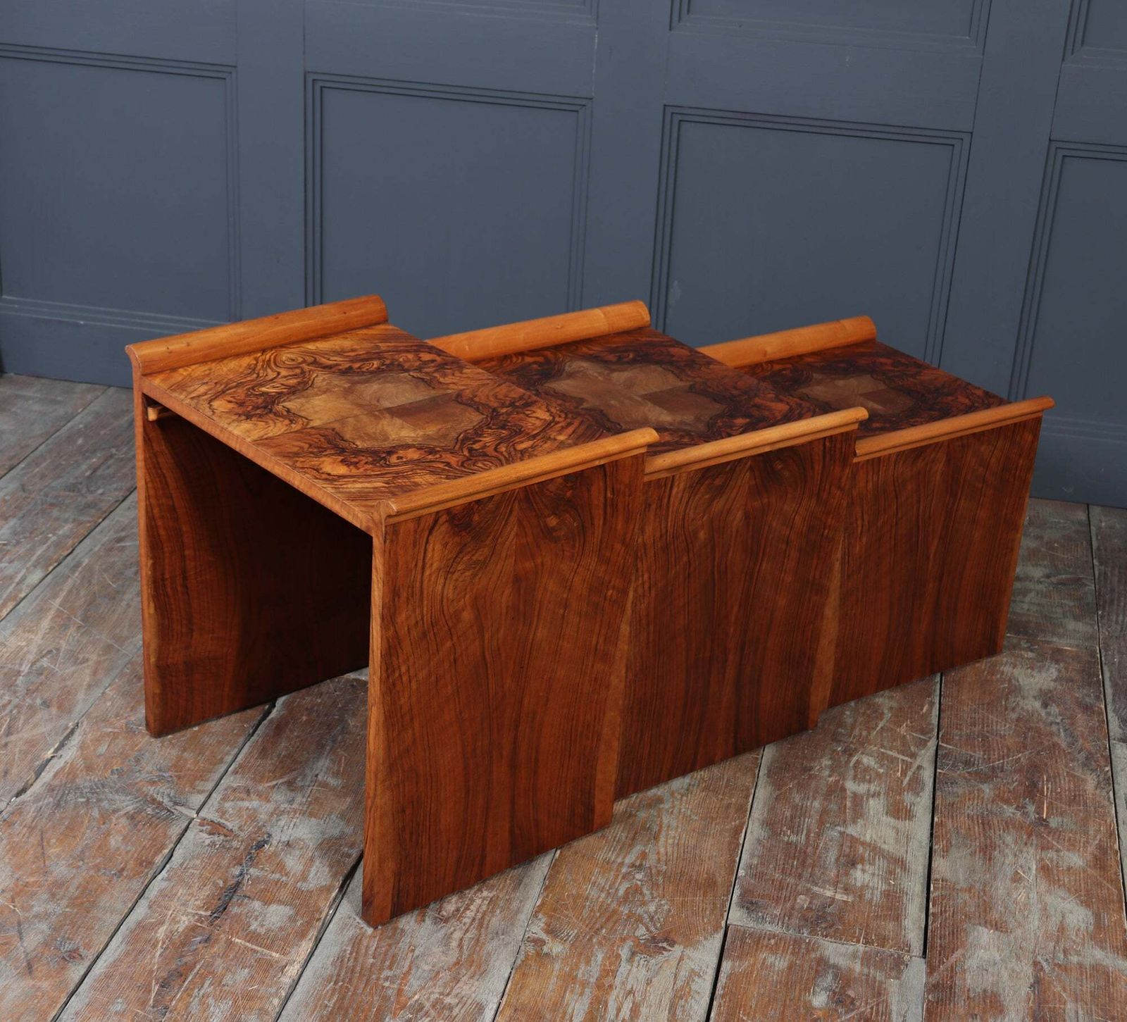 photo for sale English Art Deco Walnut Nest Of Tables, Circa 1930