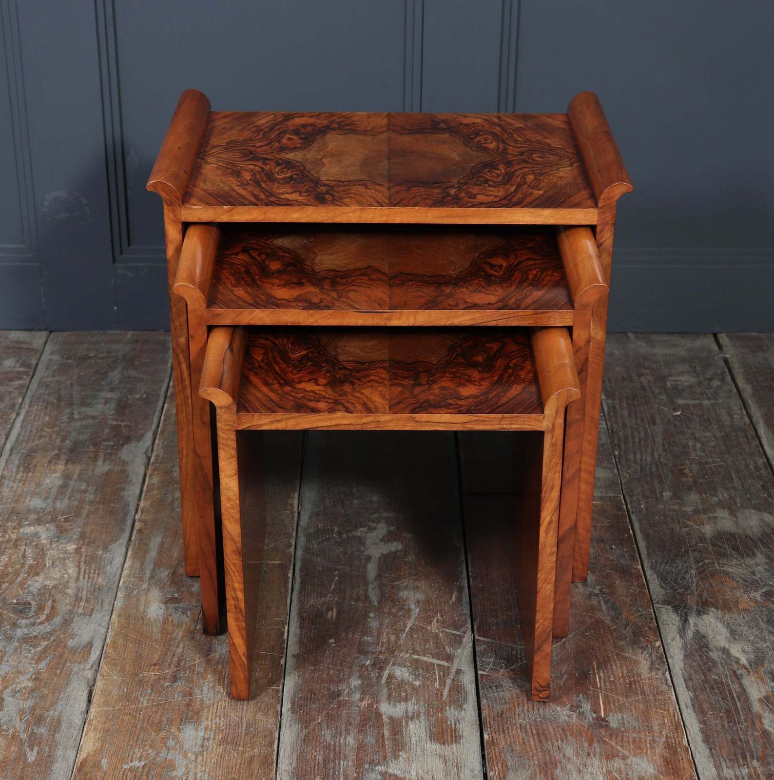 photo vintage English Art Deco Walnut Nest Of Tables, Circa 1930