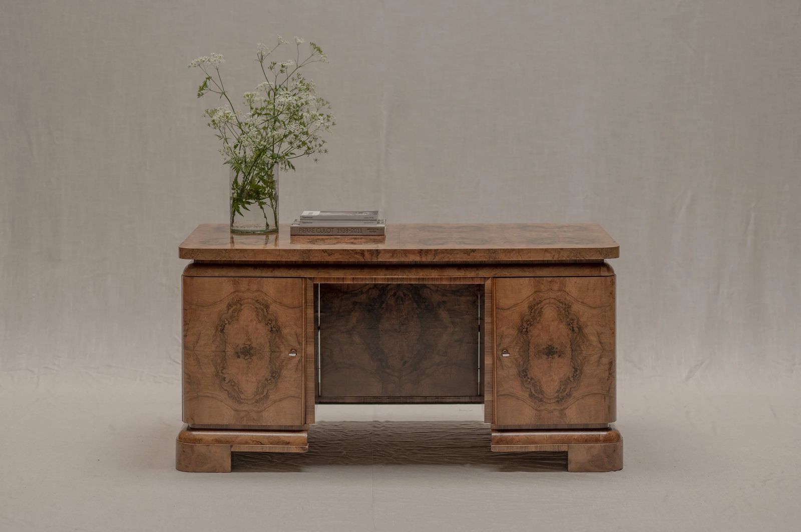 Burlwood Desk   Center Table, Circa 1940