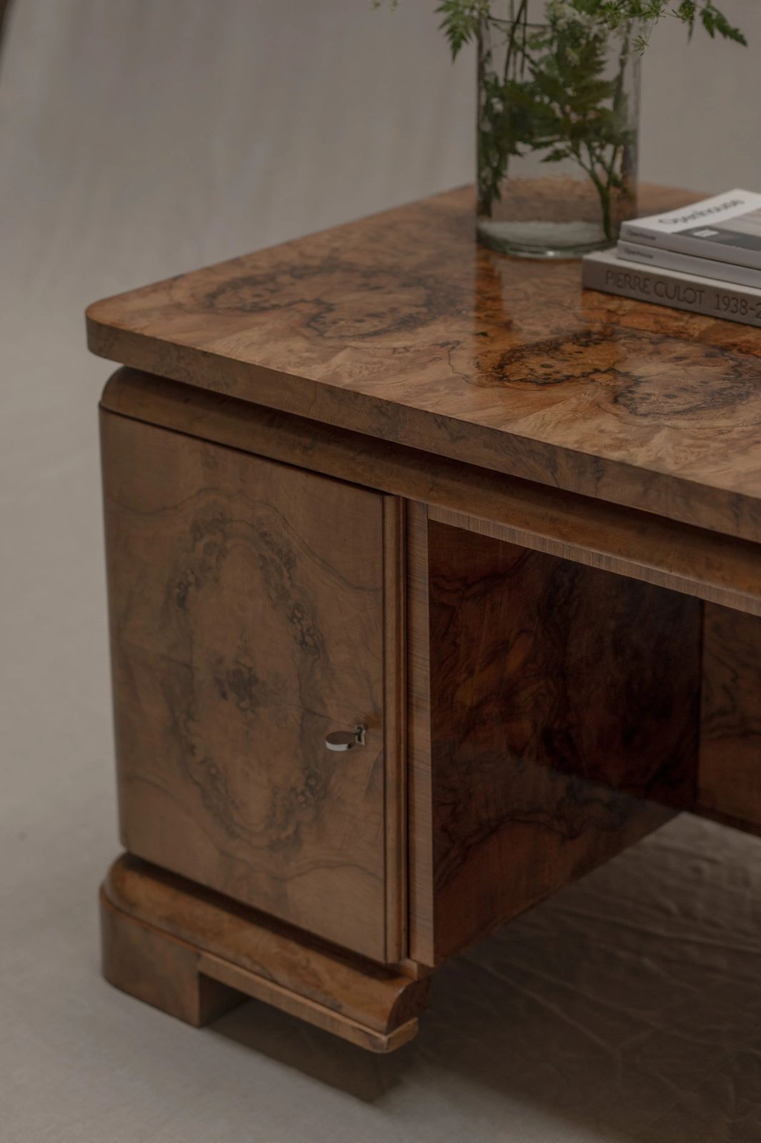 Burlwood Desk   Center Table, Circa 1940 photo buy