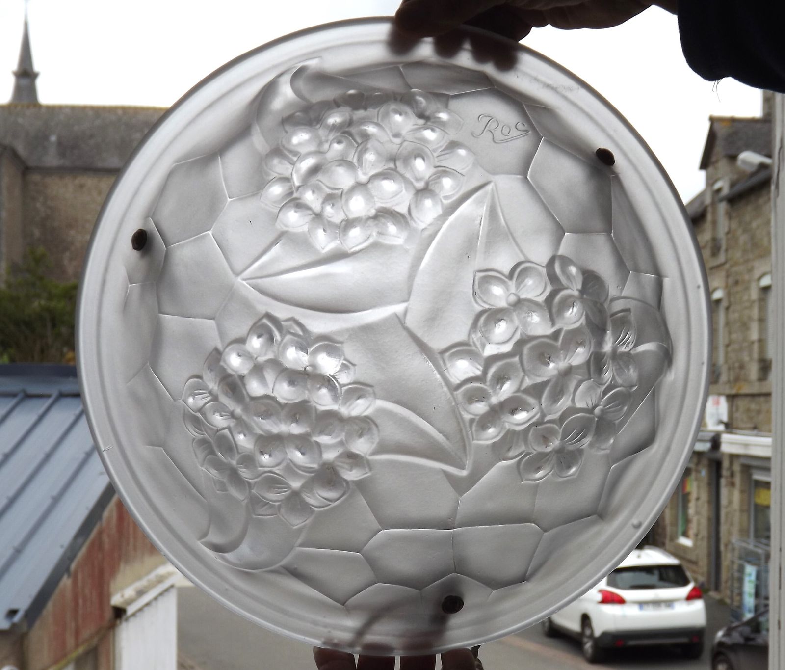French Art Deco Ceiling Light Ros Degue Frosted Molded Glass Plafonnier photo furniture