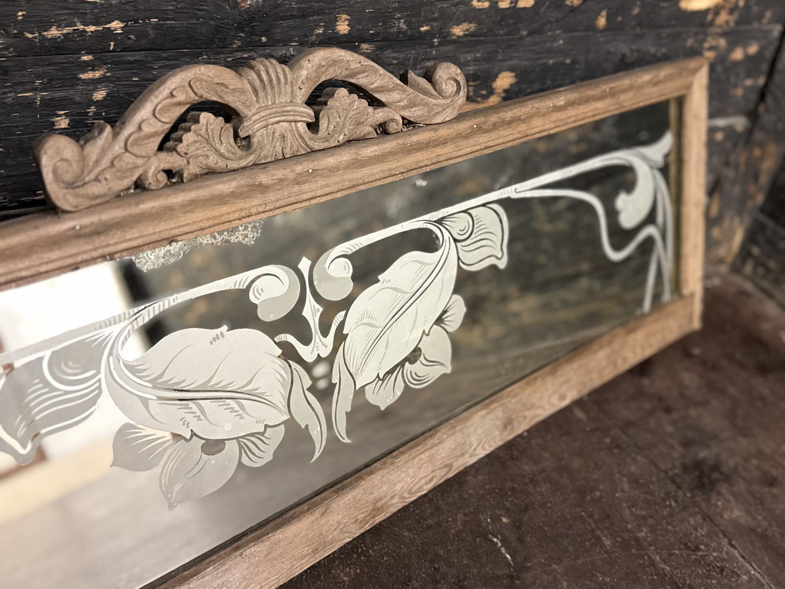 Art Nouveau Overmantel Mirror With Etched Floral Decoration In Carves Frame, C.1900 photo Home Decor