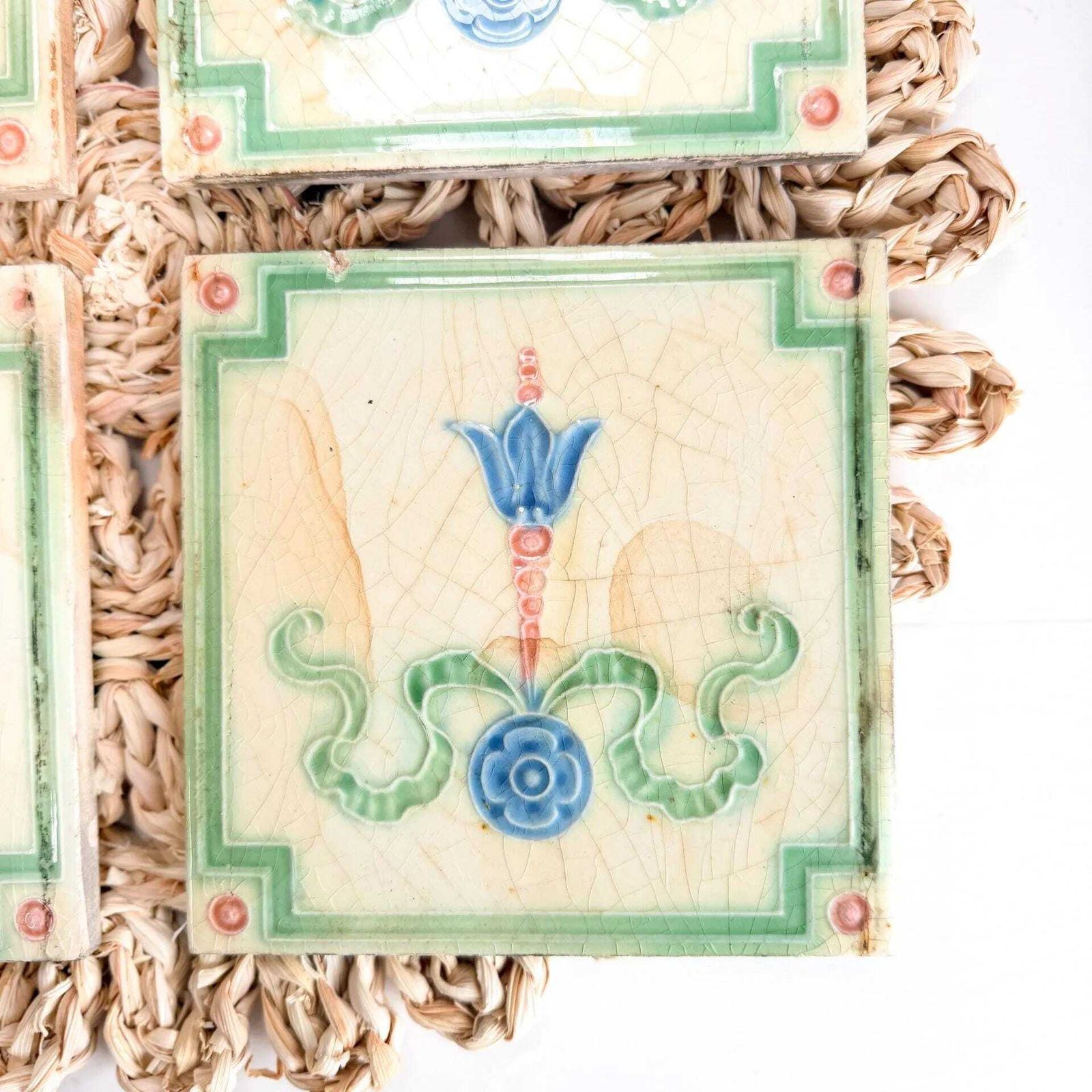 Antique Sherwin & Cotton Art Nouveau 6 Inch Ceramic Tiles Set Of 4 photo vinterior