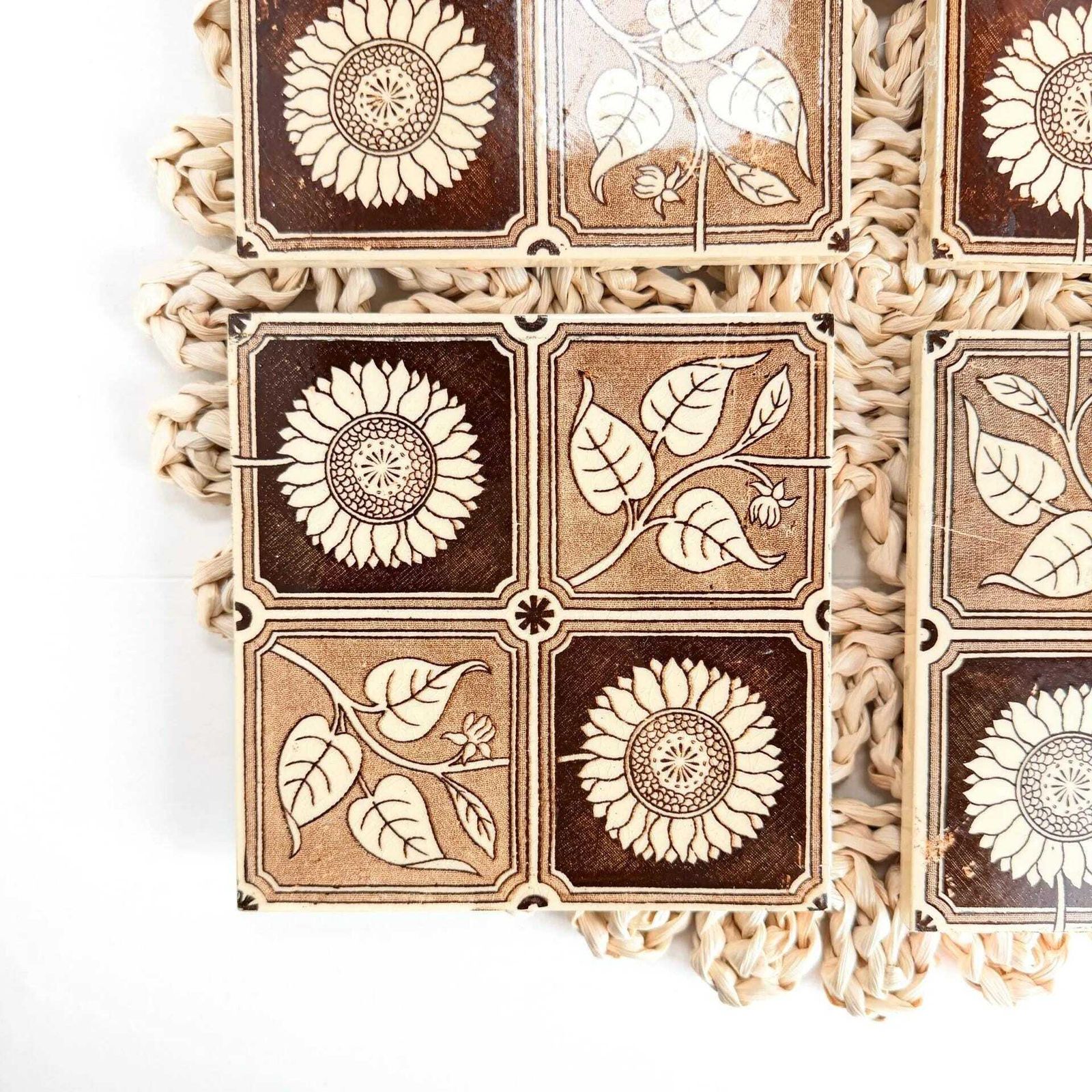 Aesthetic Movement Antique Tiles Set Of 4 Sunflower 1880s photo vintage