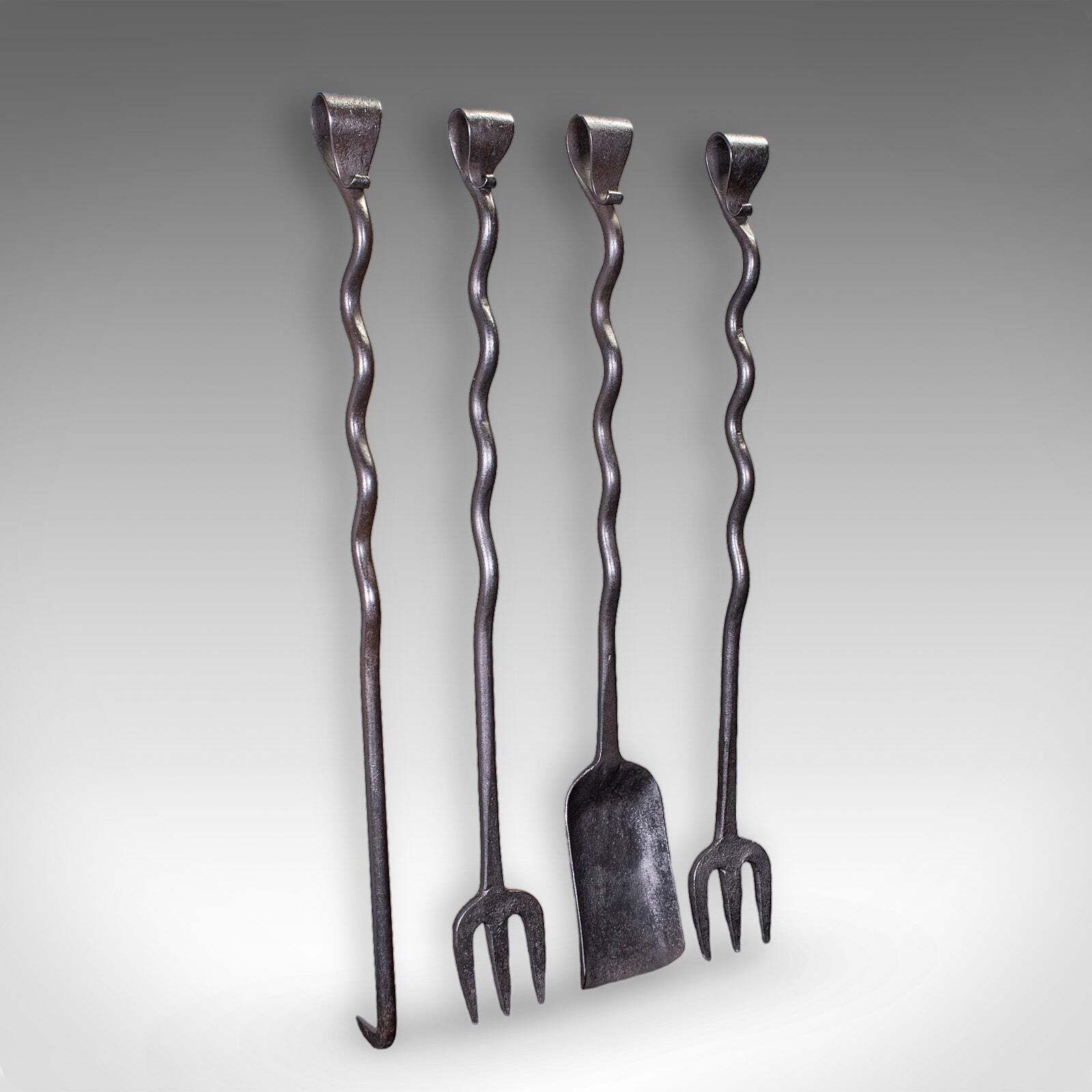 4 Antique Country House Inglenook Fire Tools, English, Companion Set, Victorian