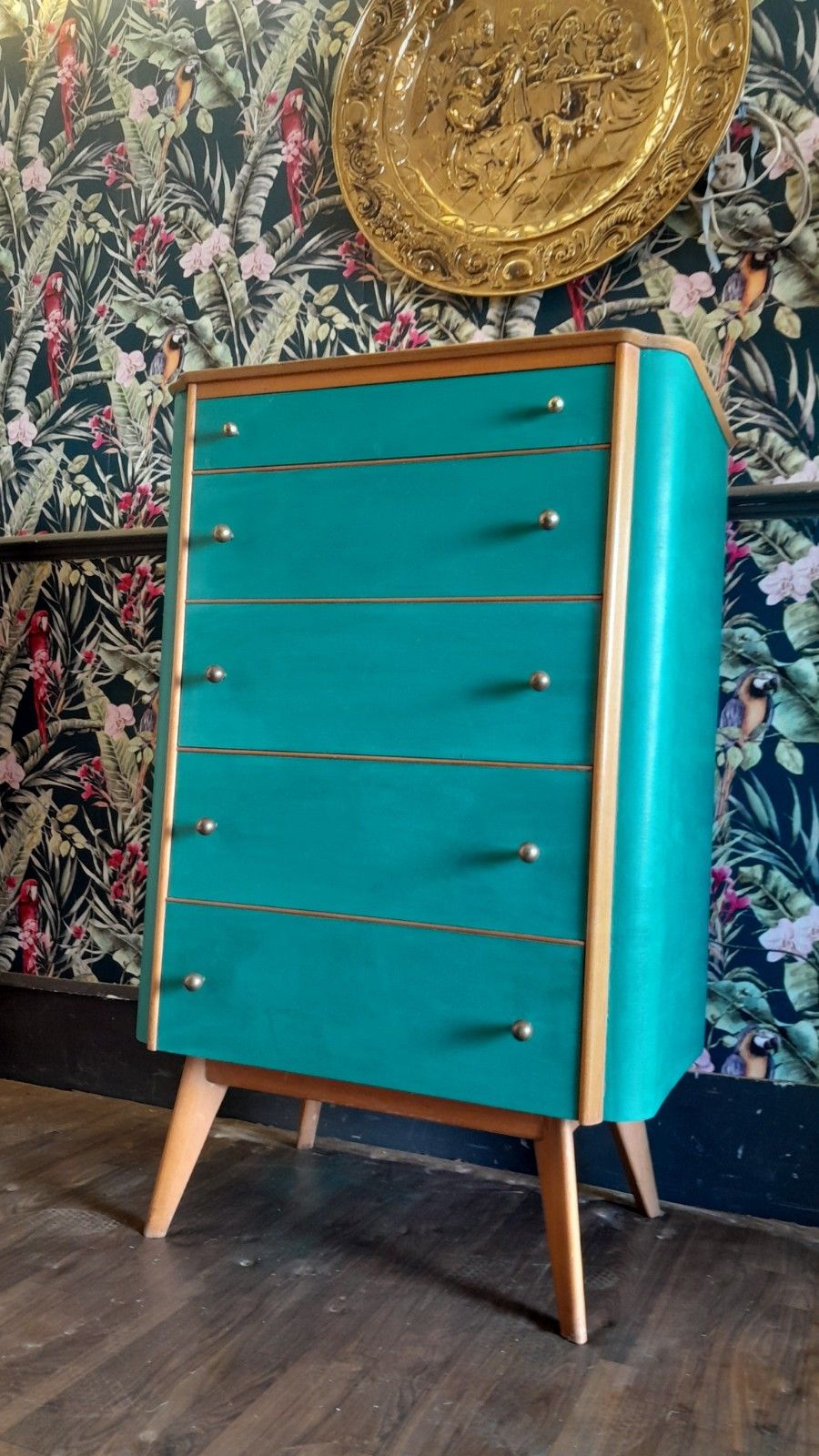 Mid Century Modern Painted Tall Chest Of 5 Drawers With Original Handles photo furniture