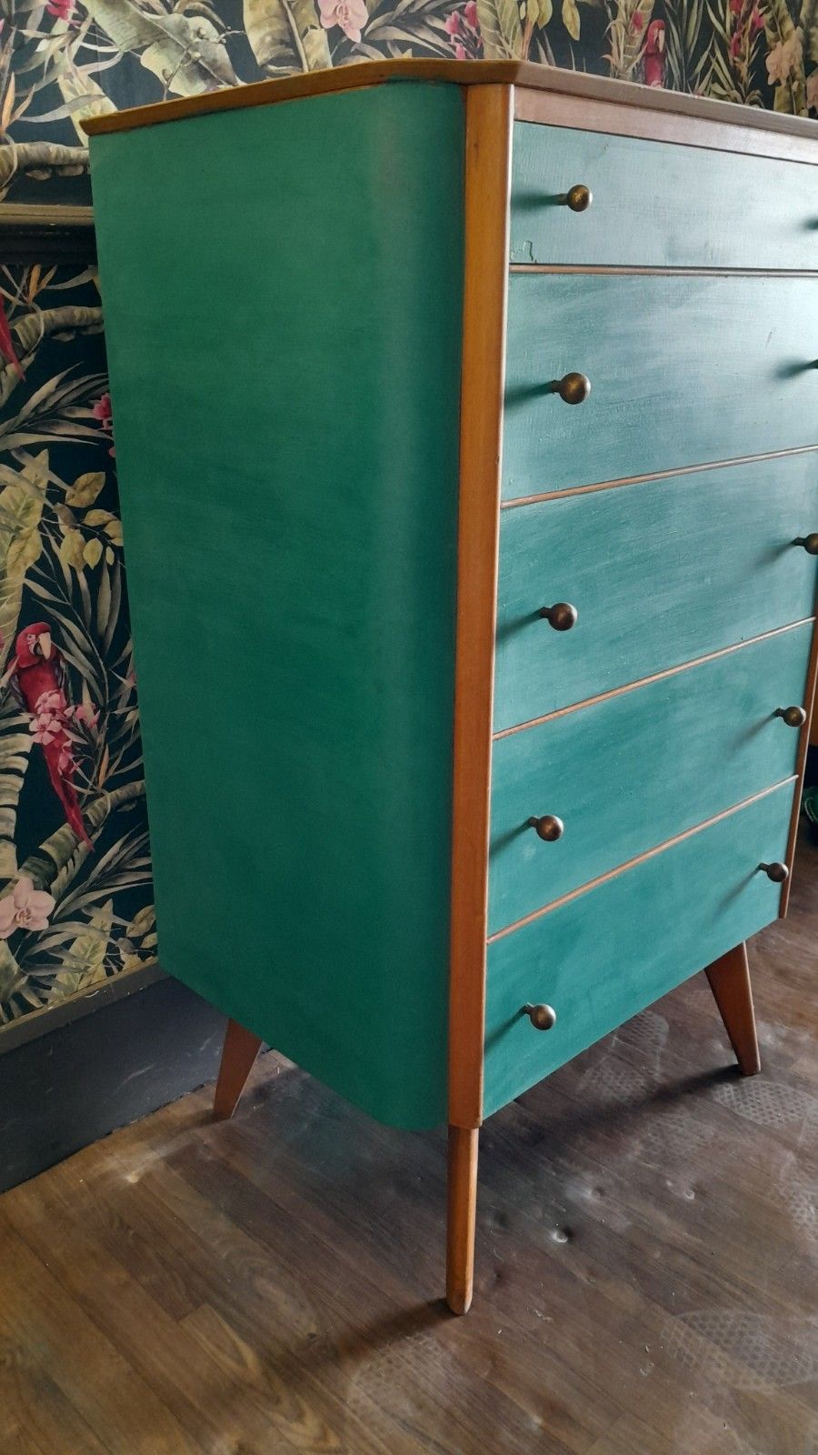 Mid Century Modern Painted Tall Chest Of 5 Drawers With Original Handles photo Furniture
