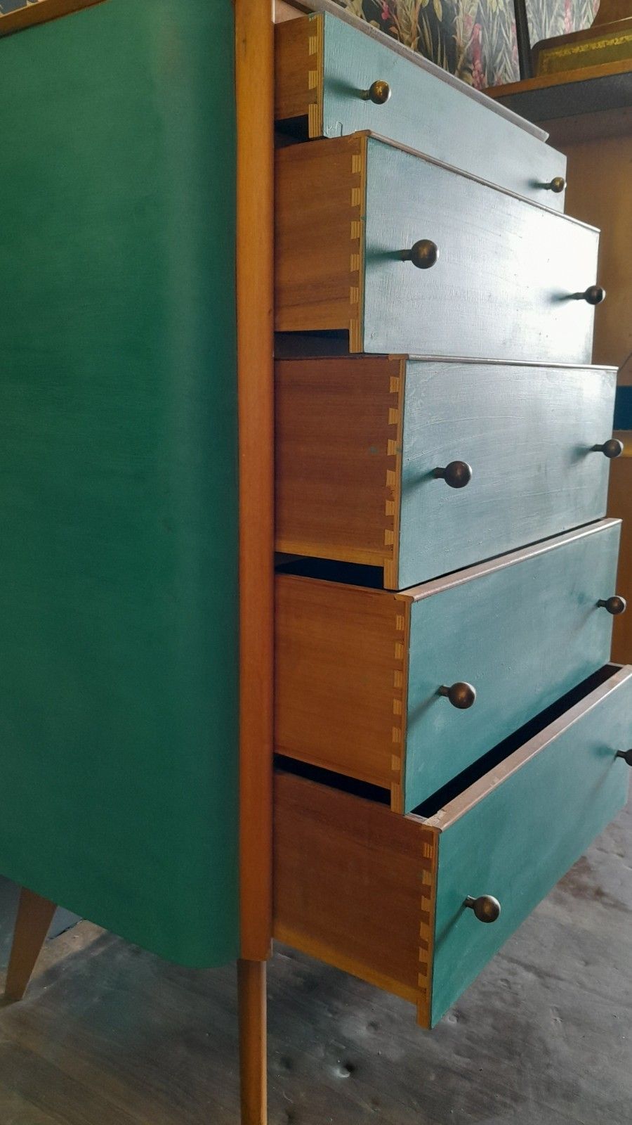 Mid Century Modern Painted Tall Chest Of 5 Drawers With Original Handles photo vinterior