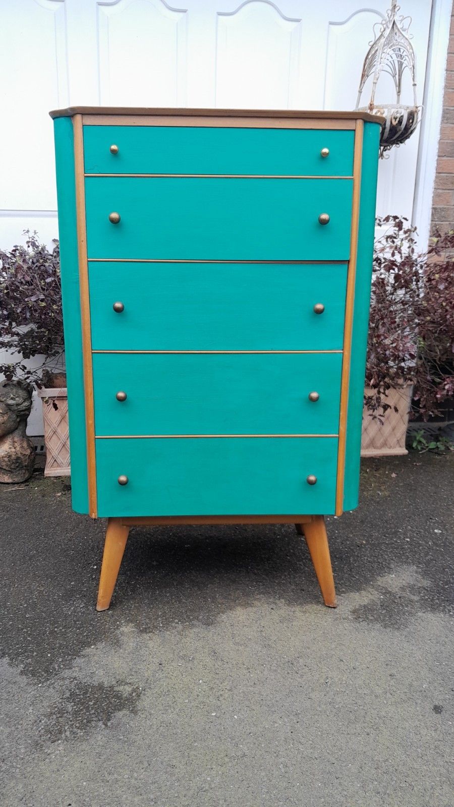 photo for sale Mid Century Modern Painted Tall Chest Of 5 Drawers With Original Handles
