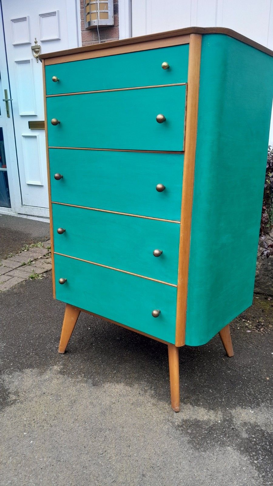 Furniture Mid Century Modern Painted Tall Chest Of 5 Drawers With Original Handles photo