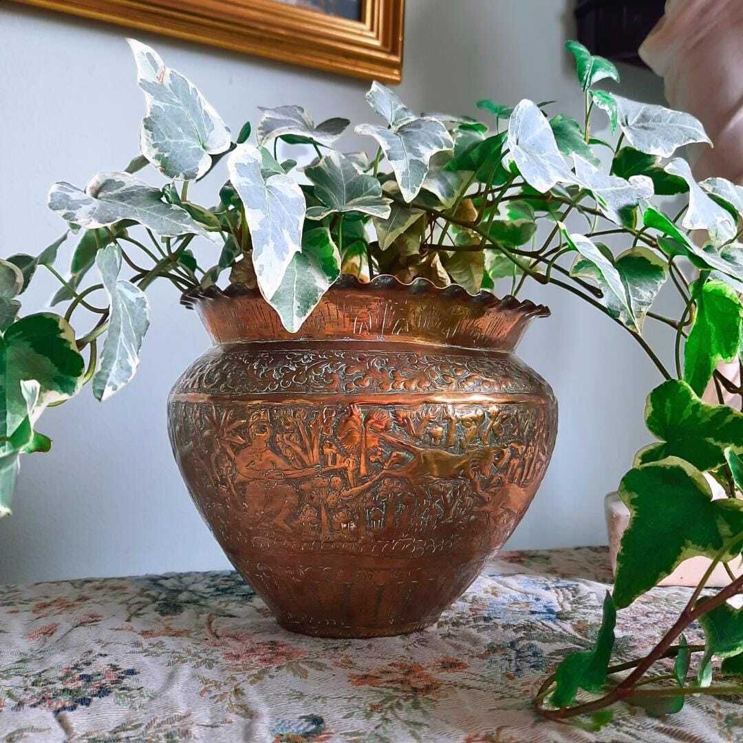Antique Indian Hand Engraved Brass Jardiniere Plant Pot Ruffled Rim H 5.5'' photo Home Decor