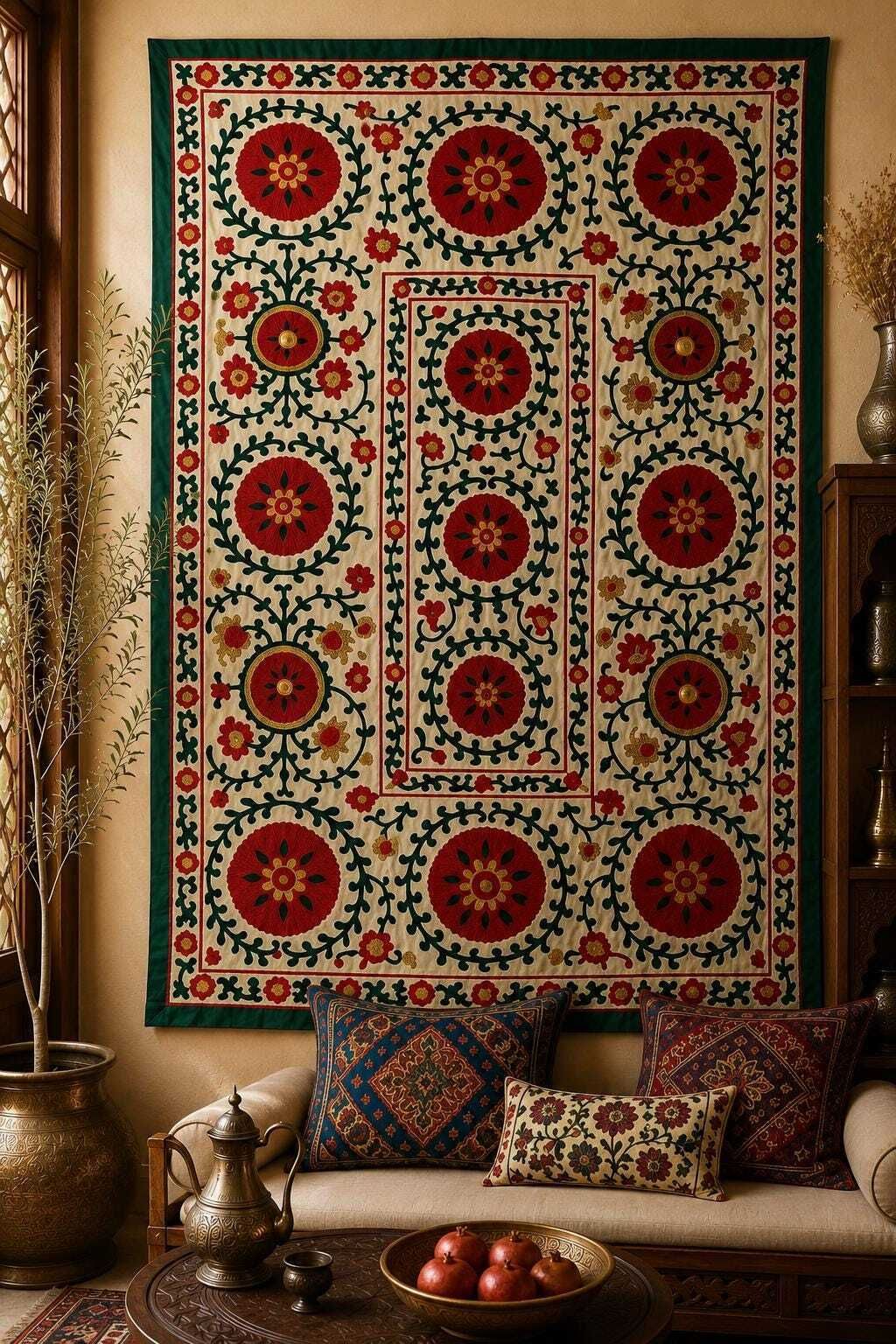 Vintage Suzani Embroidery Wall Hanging: Suzani Muted Floral Silk Textile Art 52x74 Inches