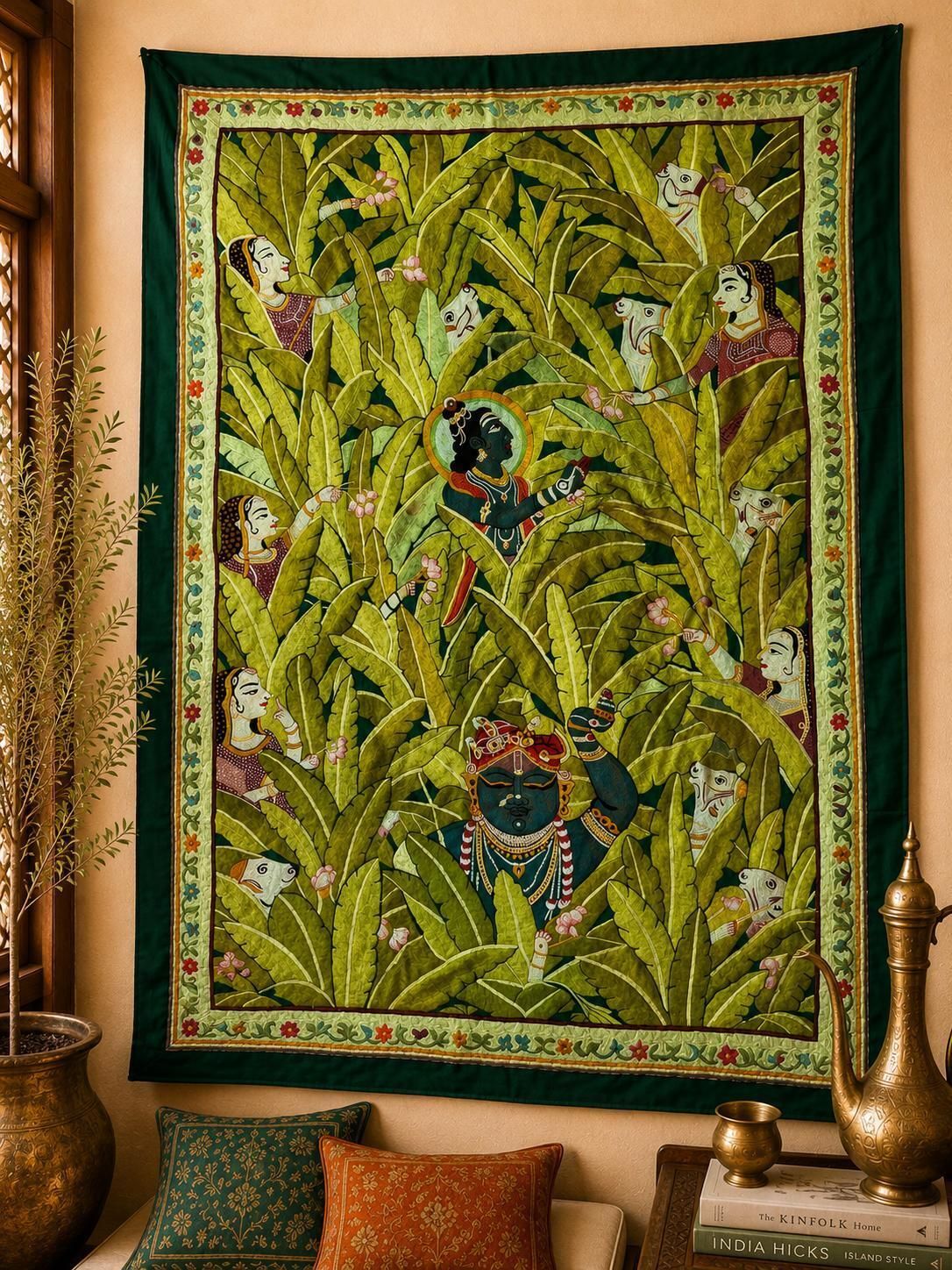 Hand Embroidered Indian Mythology Wall Hanging – Vintage Textile Art Tapestry | Handmade Krishna Home Decor 32x43 Inches photo furniture