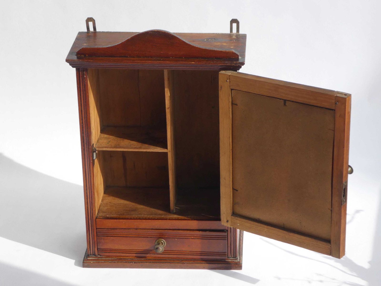 photo for sale Antique Art Deco Wooden Wall Cabinet With Mirror, Carved Apothecary With Shelves And Drawer, Wall Farmhouse Decor