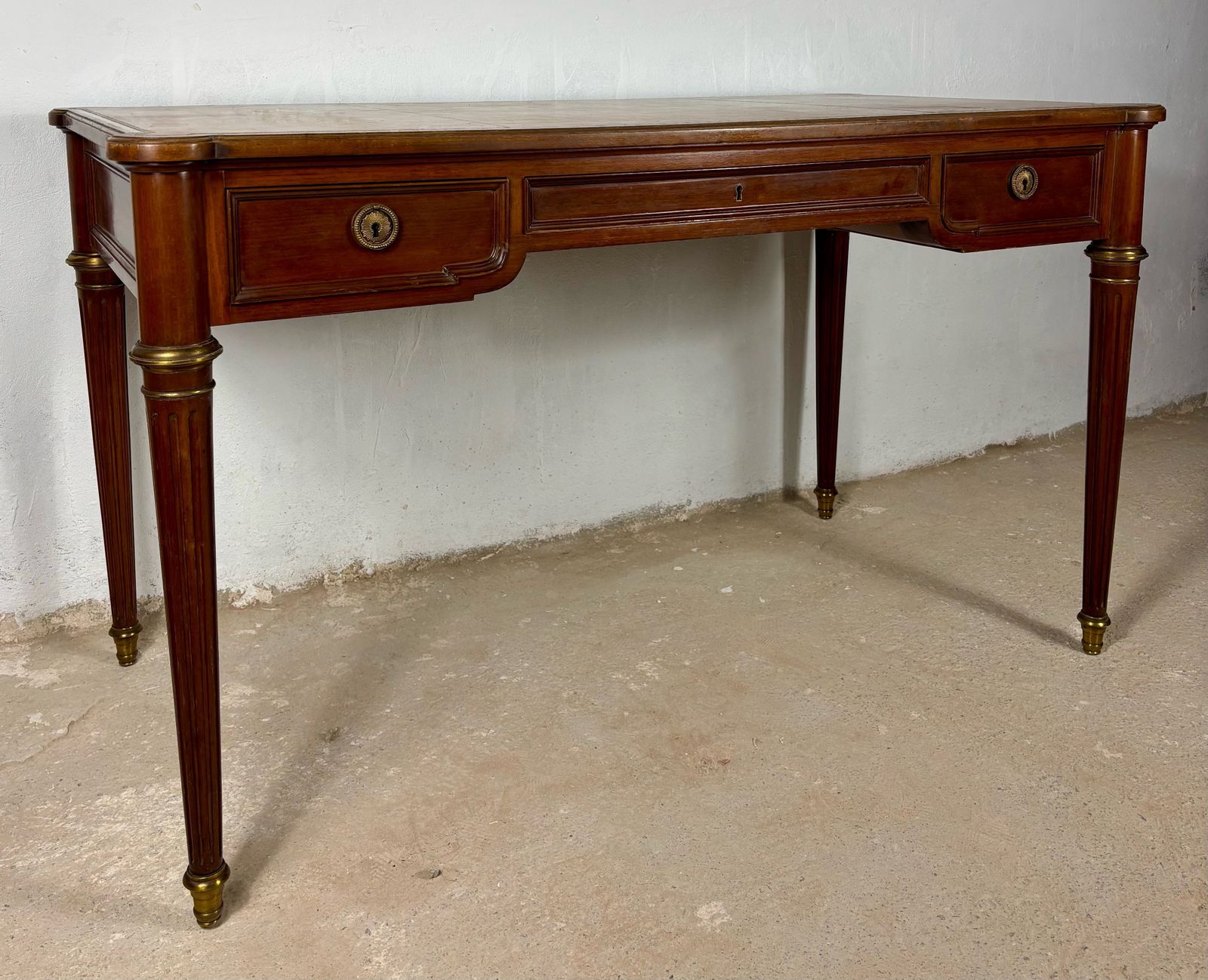Elegant Early 20th Century Writing Desk With Brass Details And Three Drawers photo vinterior