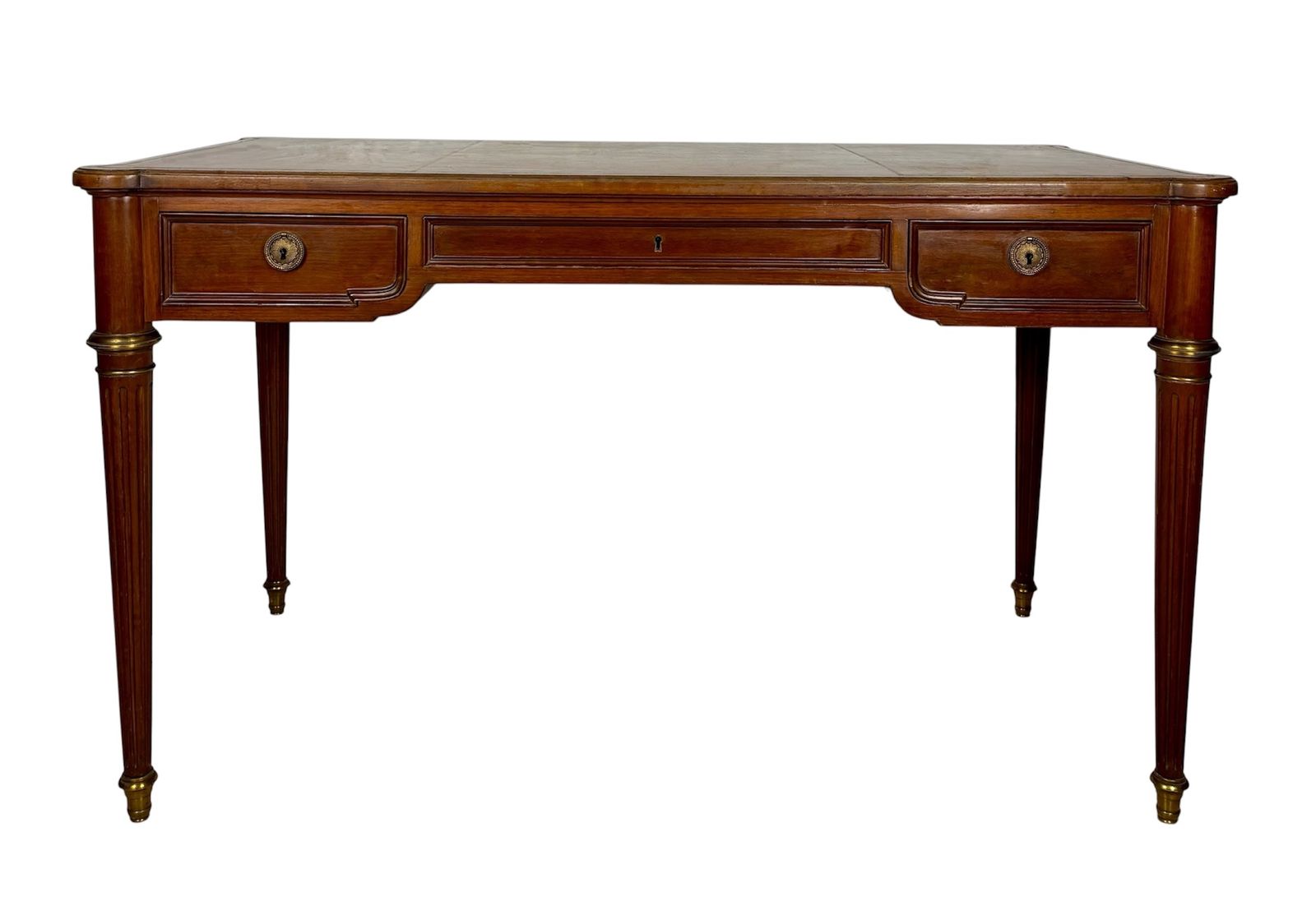 Elegant Early 20th Century Writing Desk With Brass Details And Three Drawers