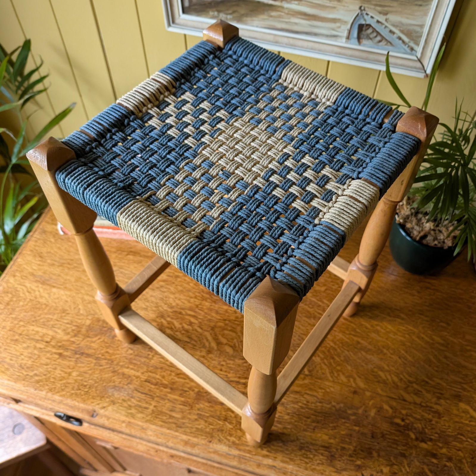 Vintage Wooden Footstool With Woven Cord Seat photo 65.0