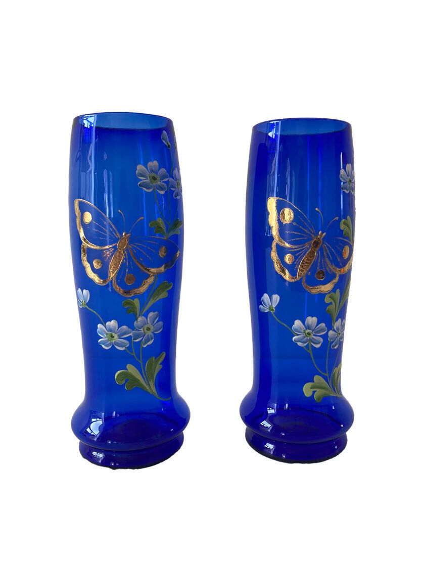 Set Of Blue Glass Vases With Paintings