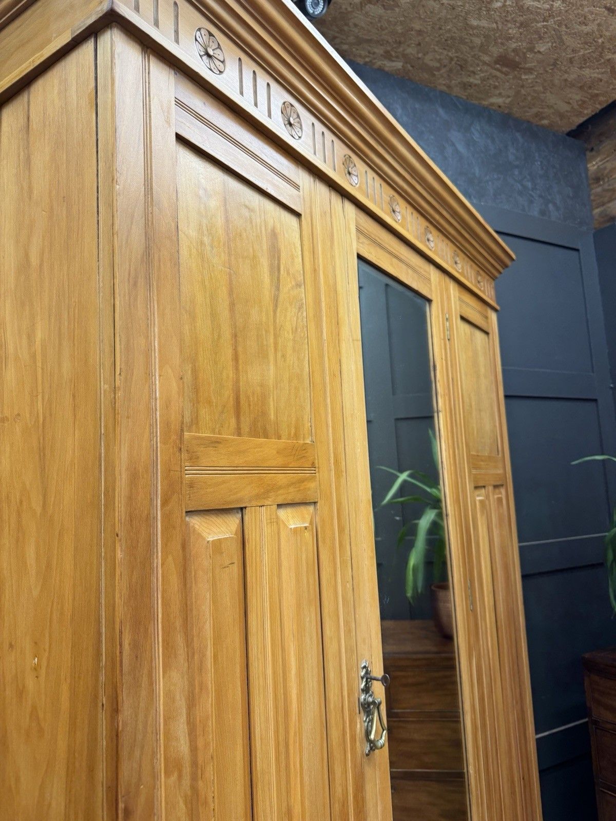 Furniture Antique Satinwood Single Wardrobe Mirrored Door Bedroom Storage Drawer photo