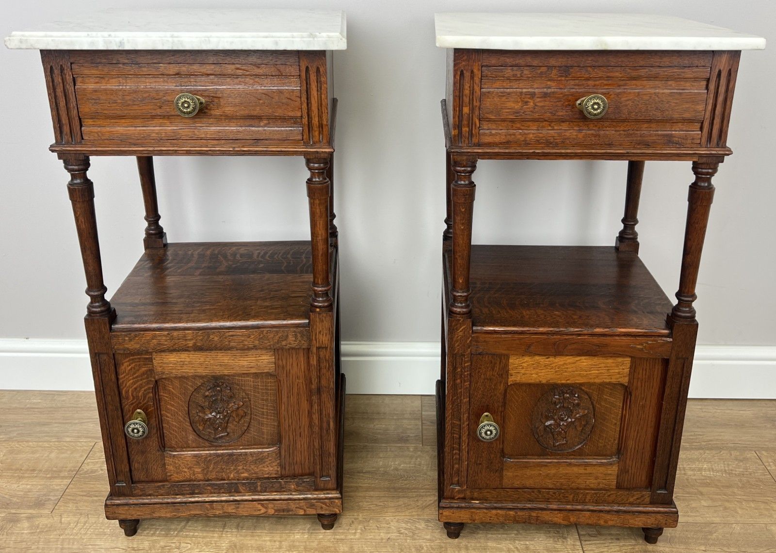 Pair Of Bedside Tables Antique French Marble Top Carved Oak Cabinets Lot 6093 photo furniture