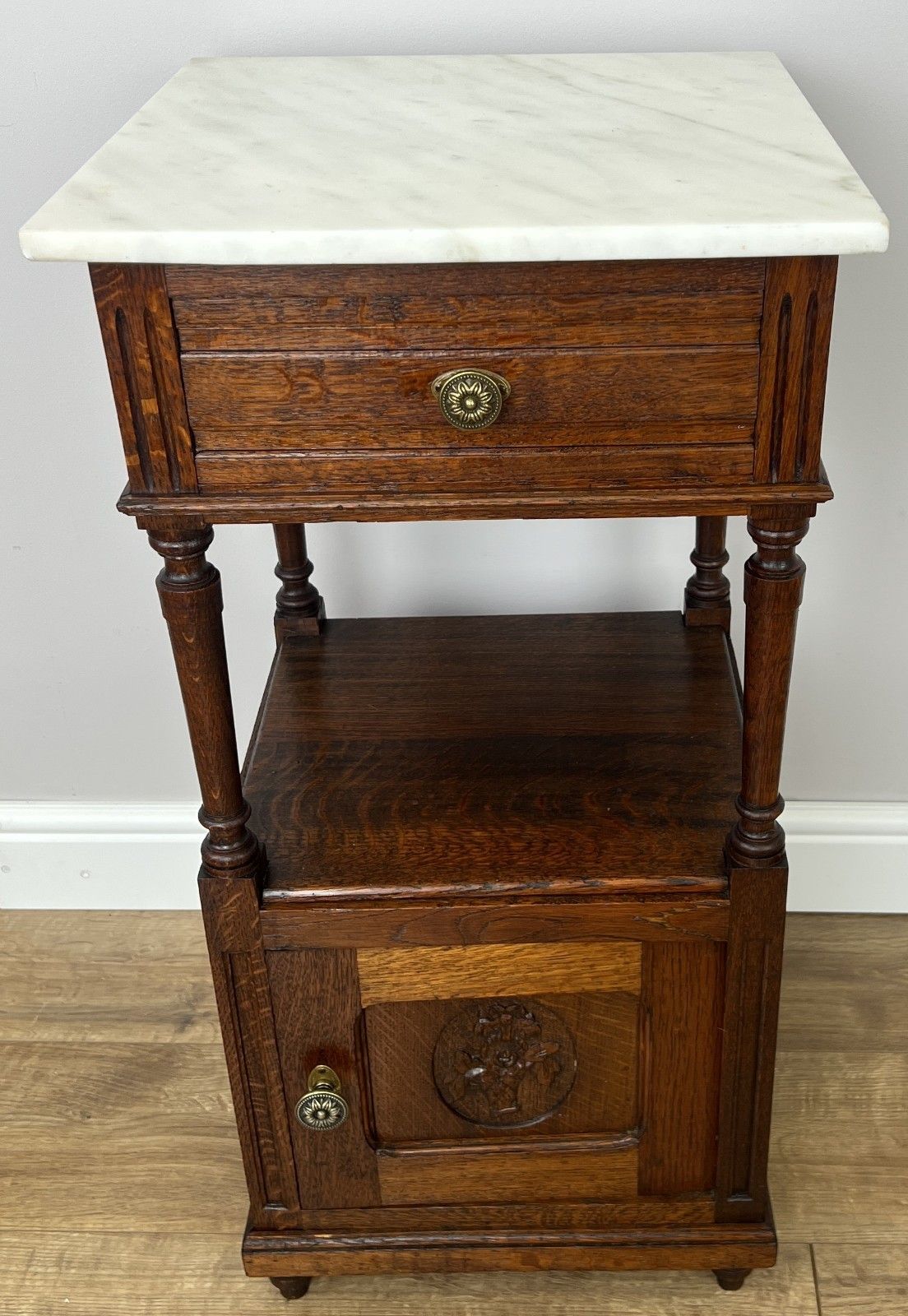 Pair Of Bedside Tables Antique French Marble Top Carved Oak Cabinets Lot 6093 photo 599.0