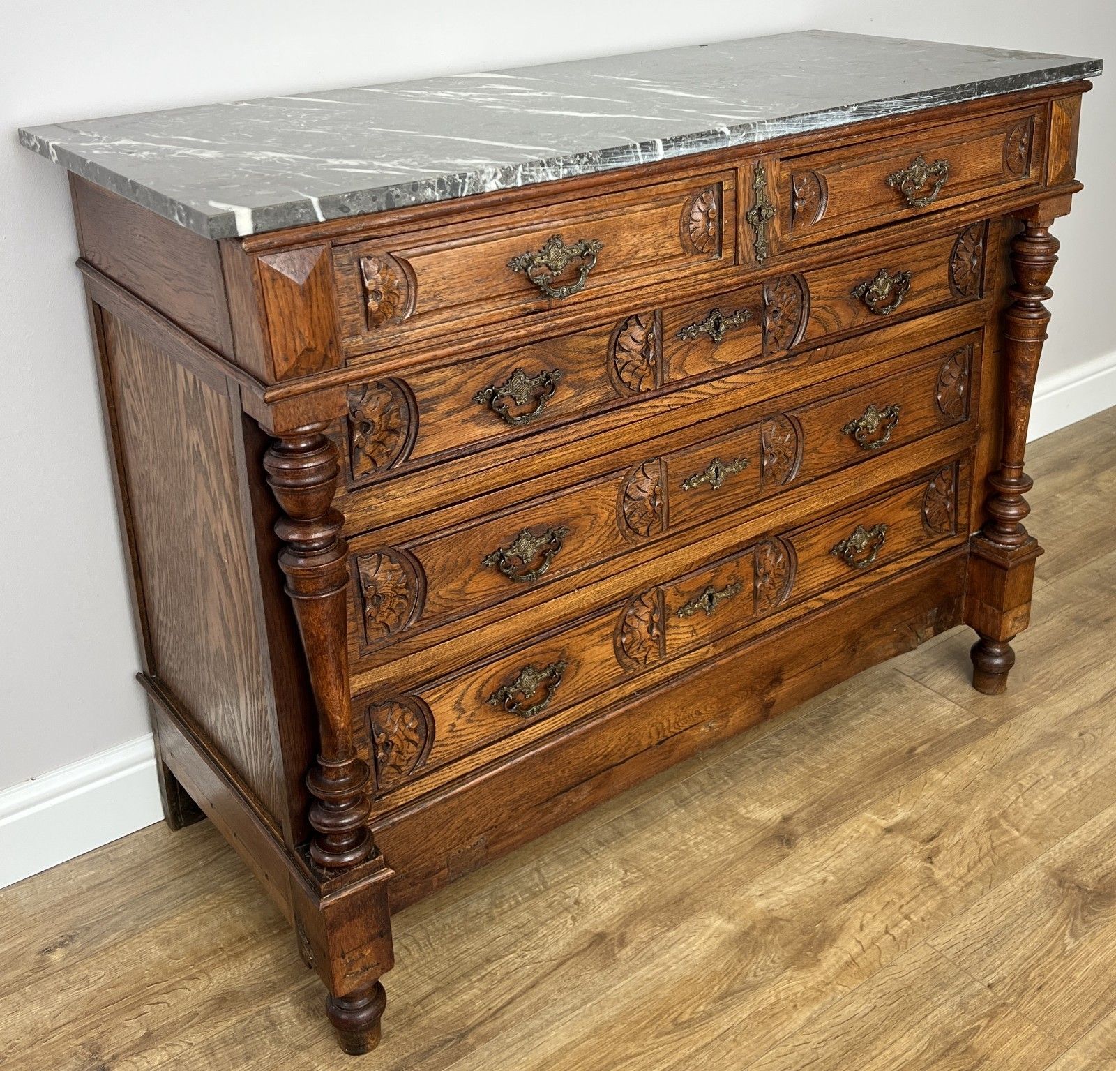 Chest Of Drawers Antique French Style Marble Top Walnut Cabinet Lot 6077 photo for sale